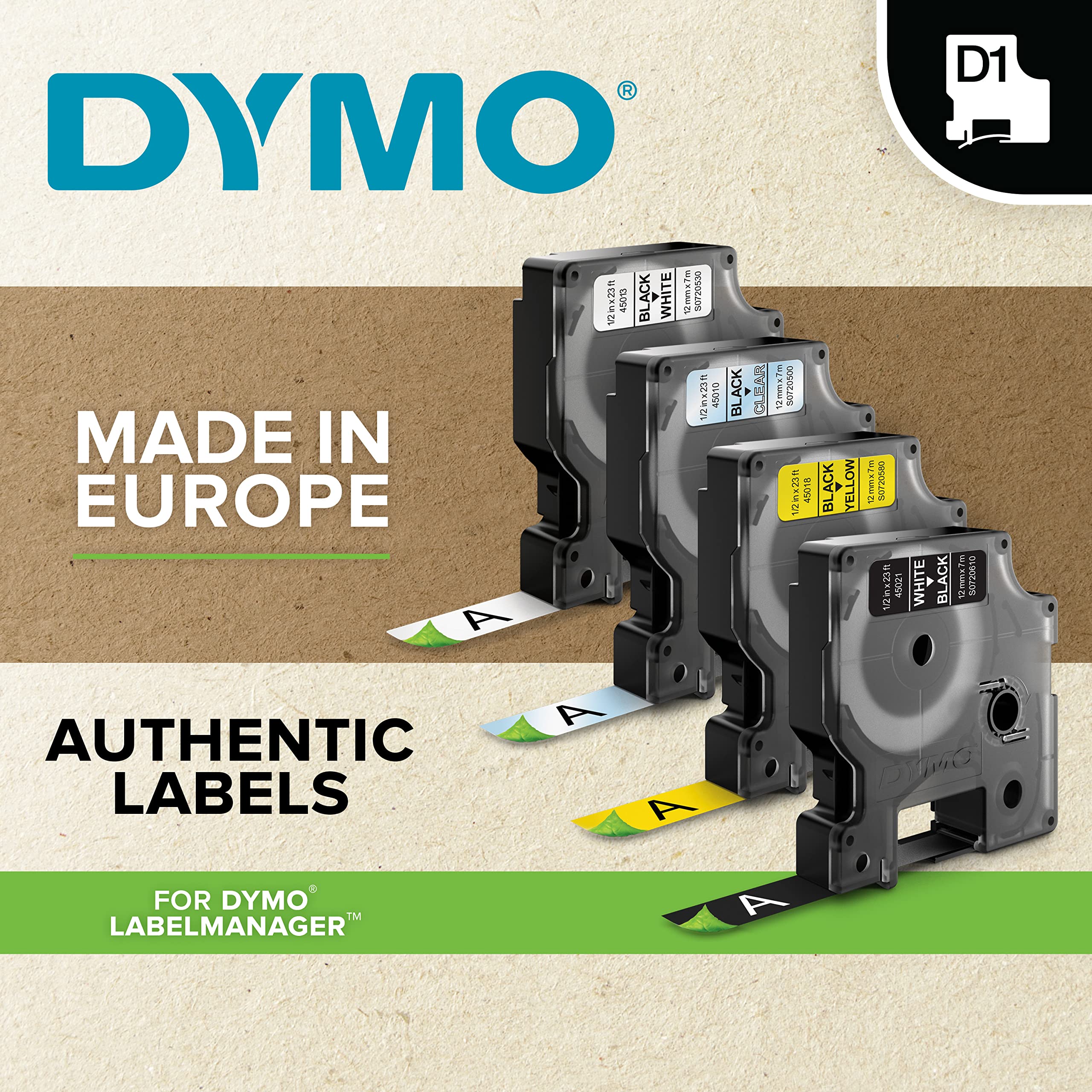 DYMO Authentic D1 Labels   Black Print on Green Tape   12 mm x 7 m   Self-Adhesive Labels for LabelManager Label Makers   Made in Europe