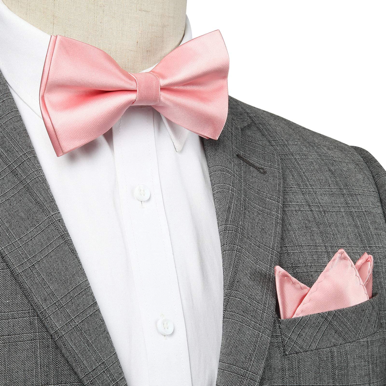 HISDERN Light pink Bow Tie for Men Pre-tied Wedding Formal Tuxedo Bowtie Classic Handkerchief Set Adjustable