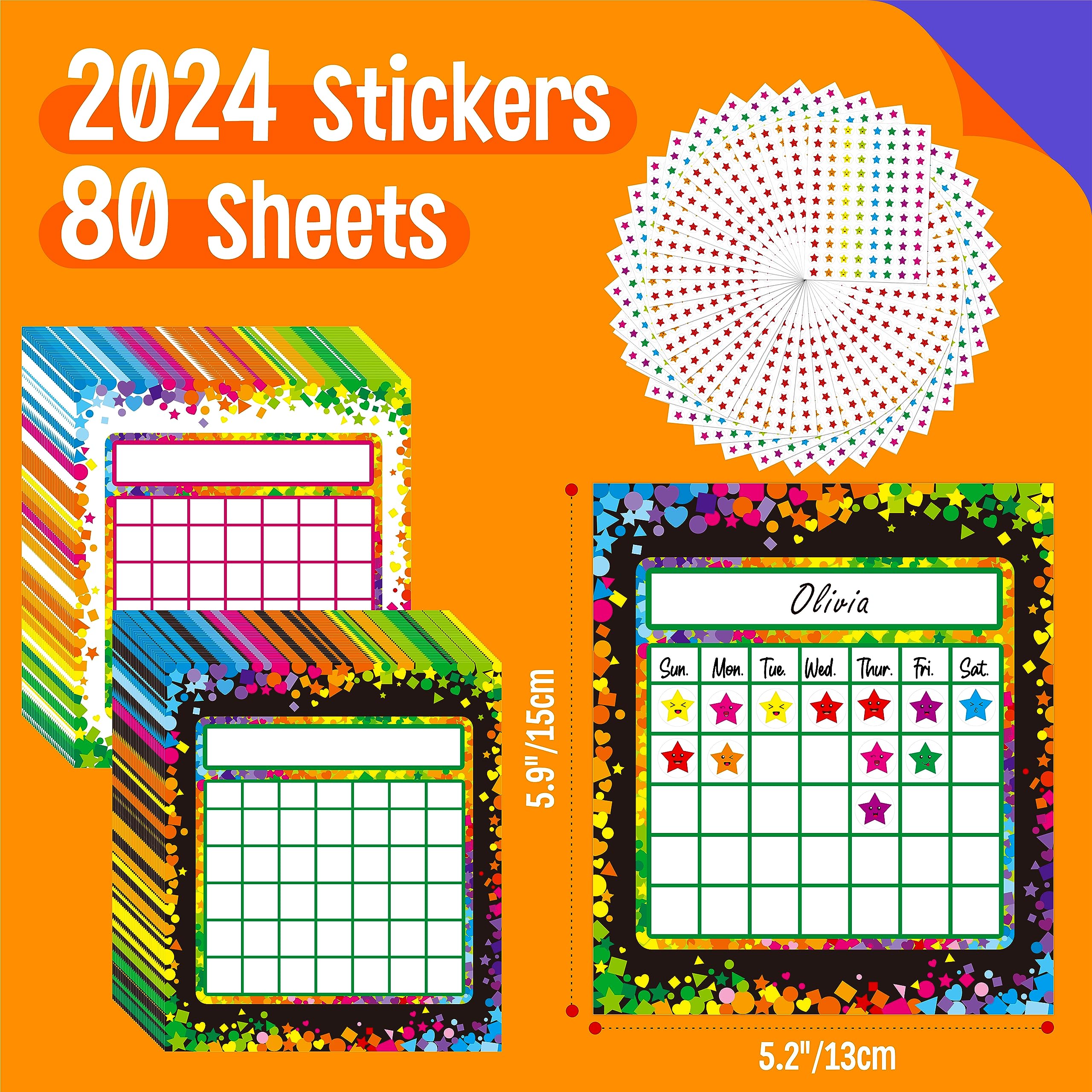 80 PCS Classroom Incentive Chart, 2 Colorful Designs with 2024 Star Stickers for Classroom Student Teacher Family Using Positive Behavior Chore Rewards (Confetti Theme)