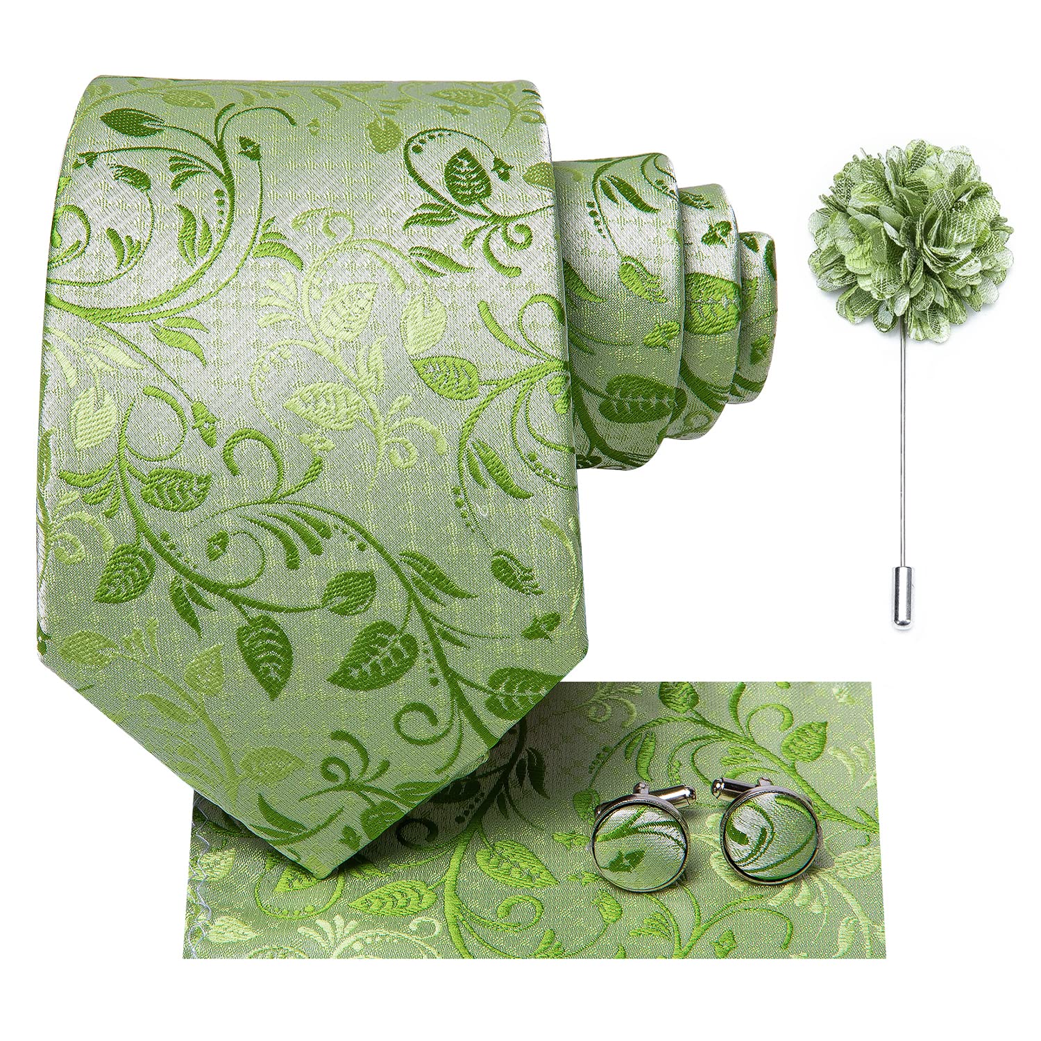 Hi-Tie Light Green Paisley Flower Ties for Men Silk 4 PCS Woven Necktie Lapel Pin Pocket Square Link Cuffs Set Wedding