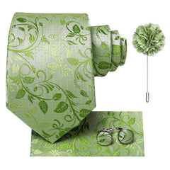 Hi-Tie Light Green Paisley Flower Ties for Men Silk 4 PCS Woven Necktie Lapel Pin Pocket Square Link Cuffs Set Wedding