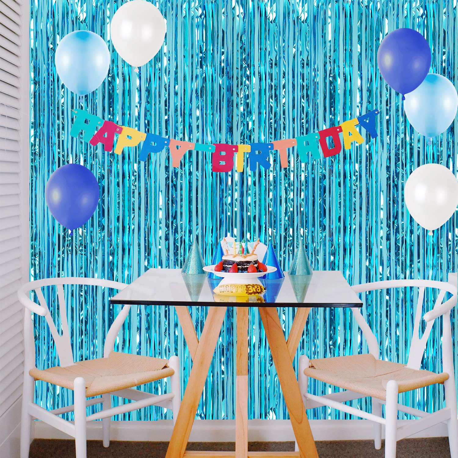 CHRORINE 2pcs 1m x 2.5m Light Blue Metallic Tinsel Foil Fringe Curtains Party Streamers Backdrop for Frozen Mermaid Birthday Baby Shower Bachelorette Bridal Shower Blue Party Decorations