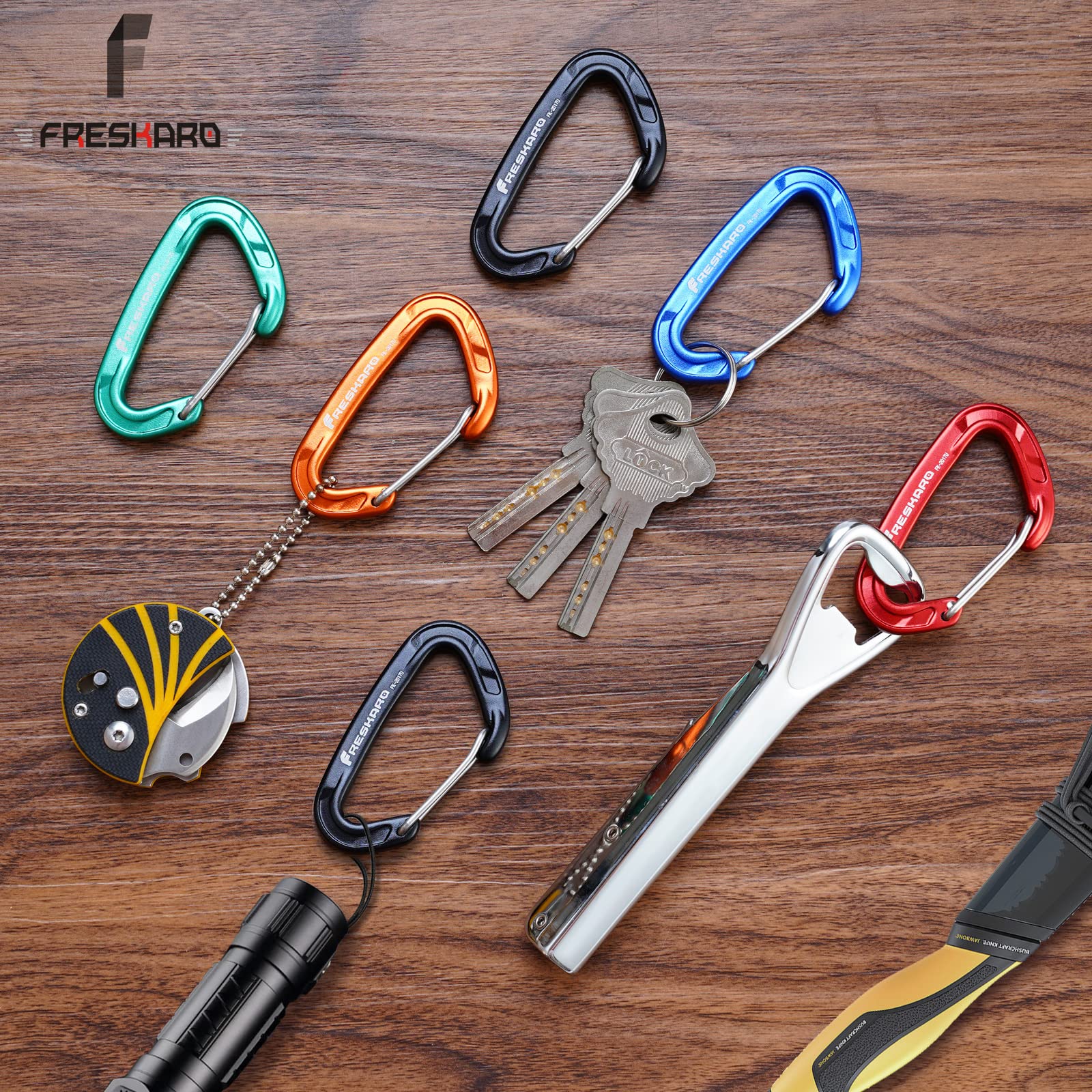 FresKaro 5pcs Carabiner Clips, caribeener clip Heavy Duty, Small Sturdy Key Keychain Accessory, Spring Snap Wire-gate Hook, 8kN 816kg, for Hiking, Camping, Fishing, Not for Climbing, Mini Size, Orange