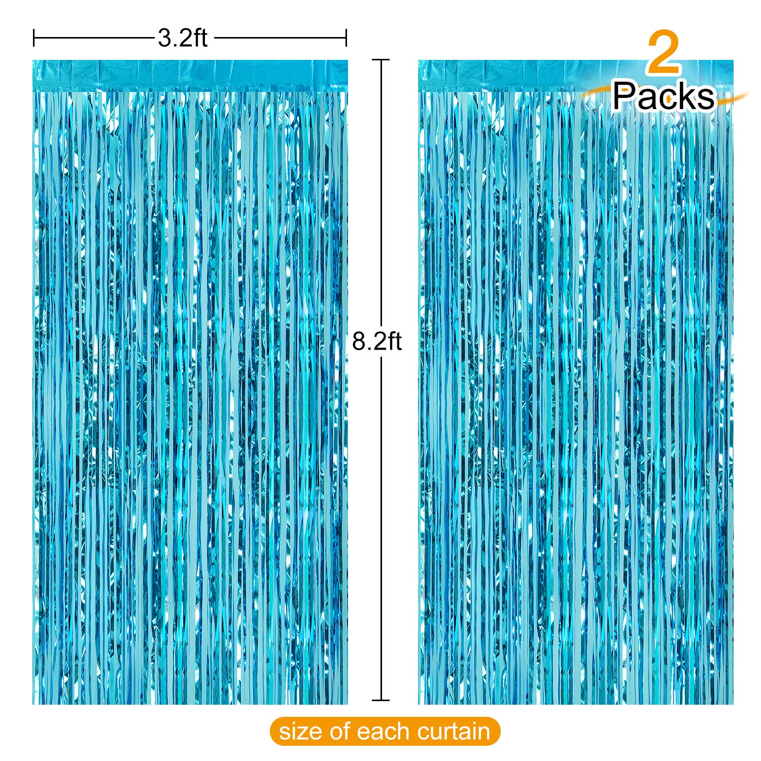 CHRORINE 2pcs 1m x 2.5m Light Blue Metallic Tinsel Foil Fringe Curtains Party Streamers Backdrop for Frozen Mermaid Birthday Baby Shower Bachelorette Bridal Shower Blue Party Decorations