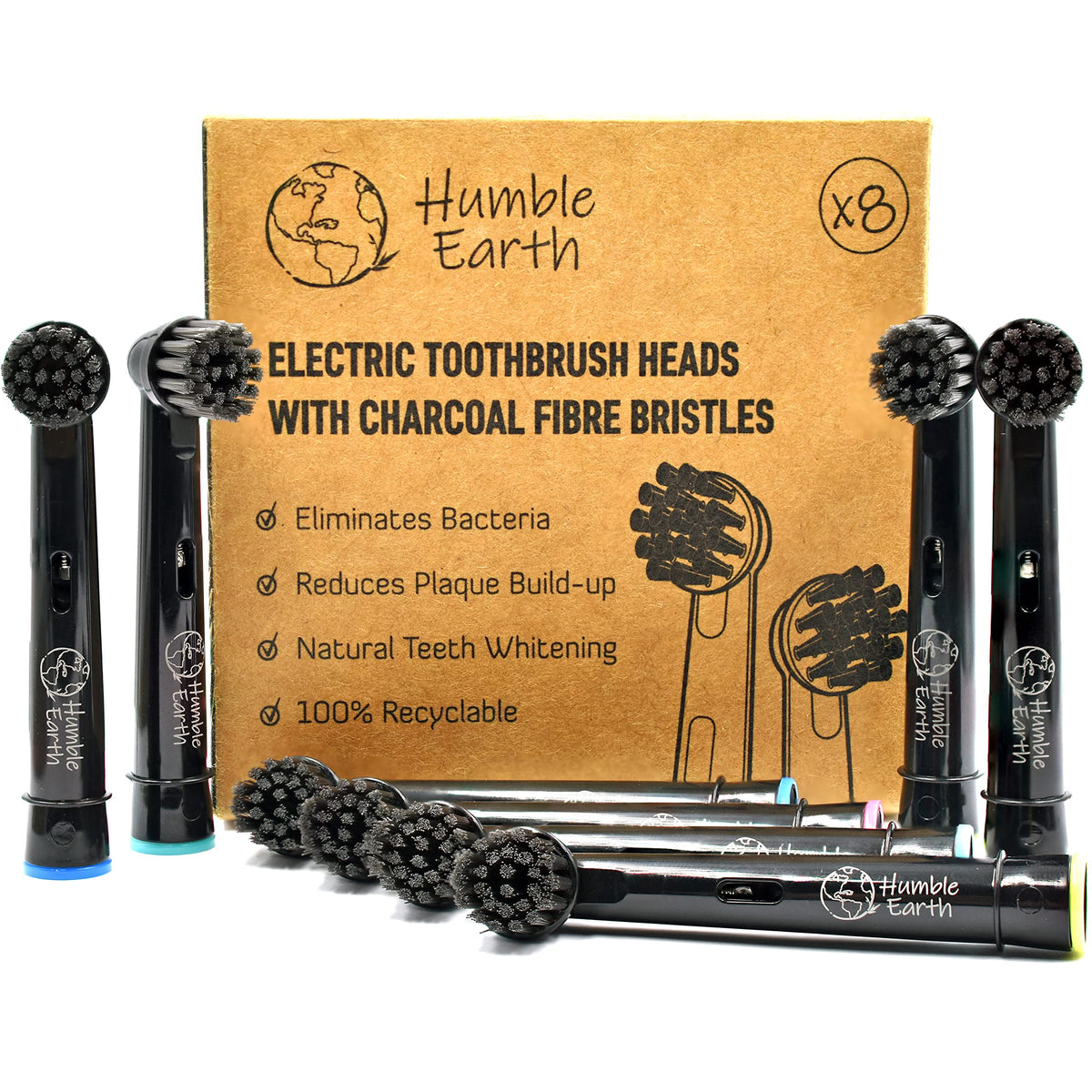 Humble Earth Recyclable Toothbrush Heads Compatible with Oral-B Electric Toothbrush, Charcoal Bristles (Pack of 8)