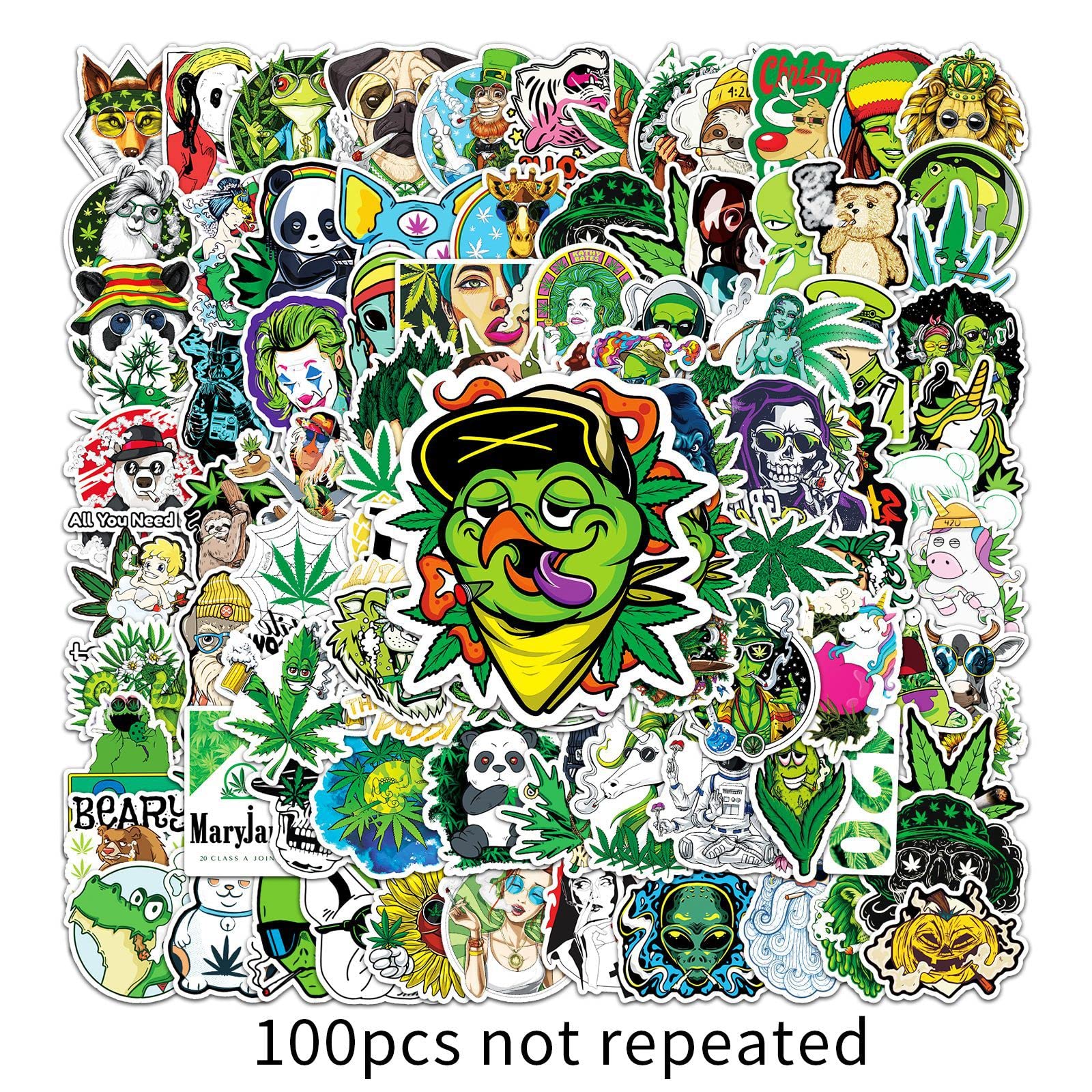 LYLSDSB 100 Pcs Funny Weed Stickers Vinyl Cartoon Green Weed Sticker for Laptop Water Bottle Skateboard Phone Guitar Bike Car Luggage, Waterproof Marijuana Leaves Cool Graffiti Decals for Kids Teens