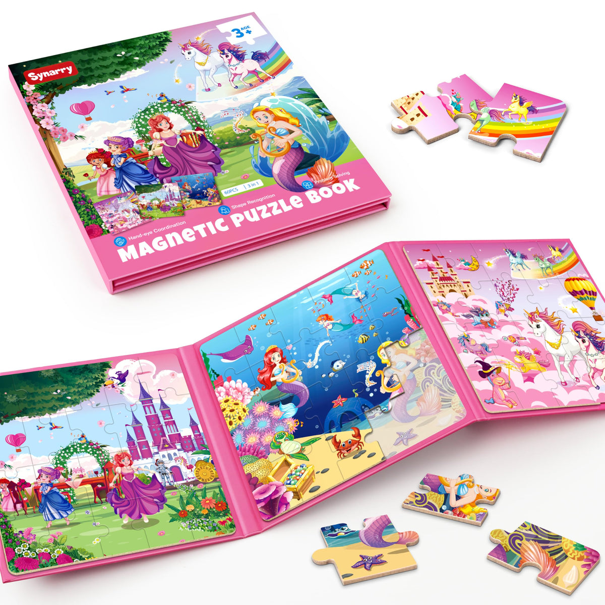 SYNARRY Unicorn Mermaid Princess Magnetic Puzzles for Toddlers 3-5 Girls, 20 Pieces Travel Puzzles for Kids Ages 2-4, Car Airplane Road Trip Activities Toys for 3 4 5 6 Year olds Girls