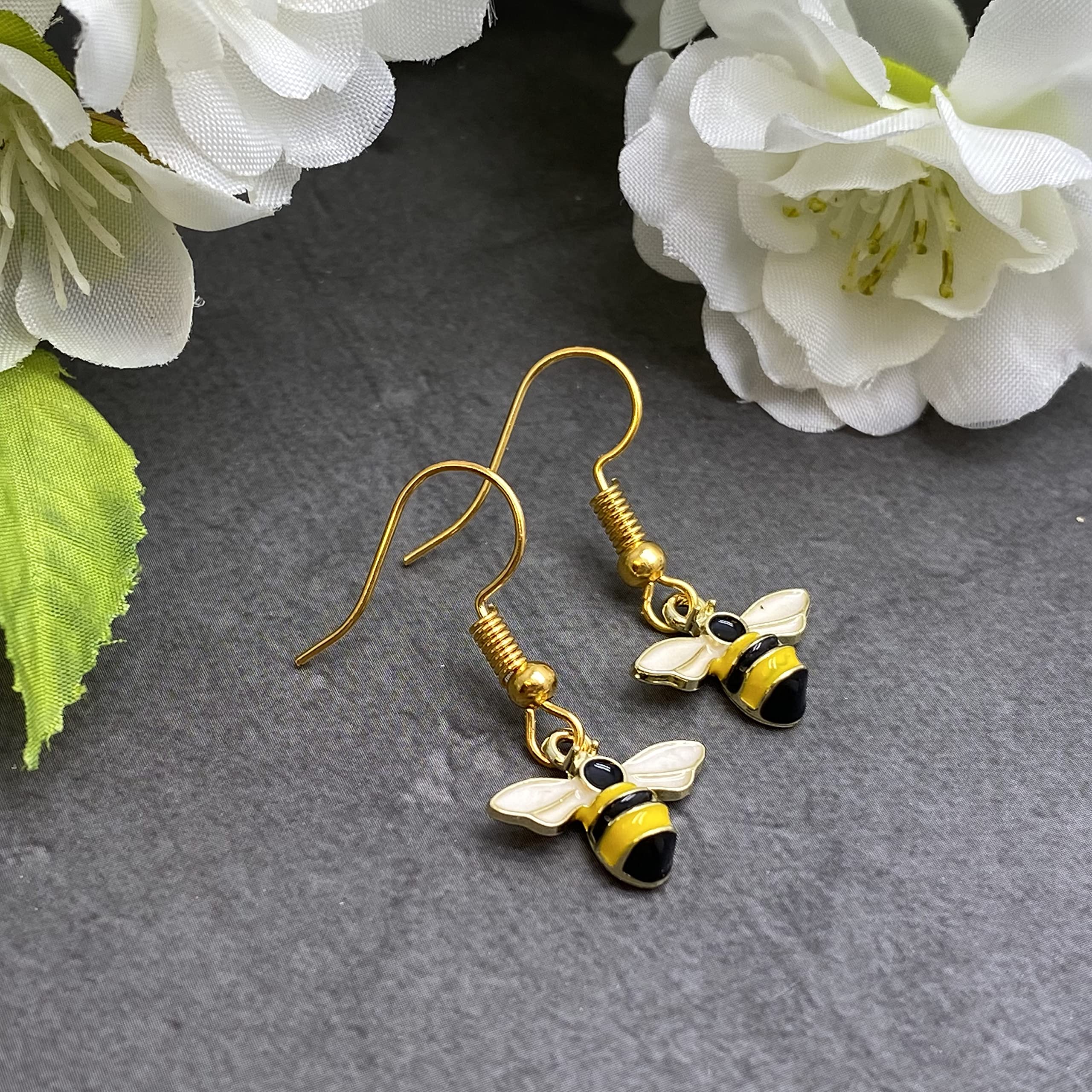 Little Bumble Bee Enamel Charm Earrings - Cute Yellow and Black Enamel Charms on Nickel Free Gold Hooks : 30mm