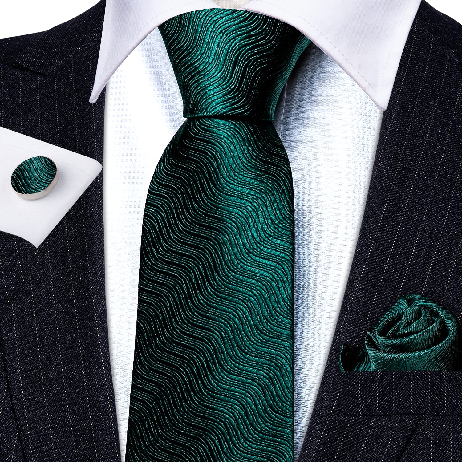 Barry.Wang Solid Green Mens Ties Designer Necktie Pocket Square Cufflinks Silk Set