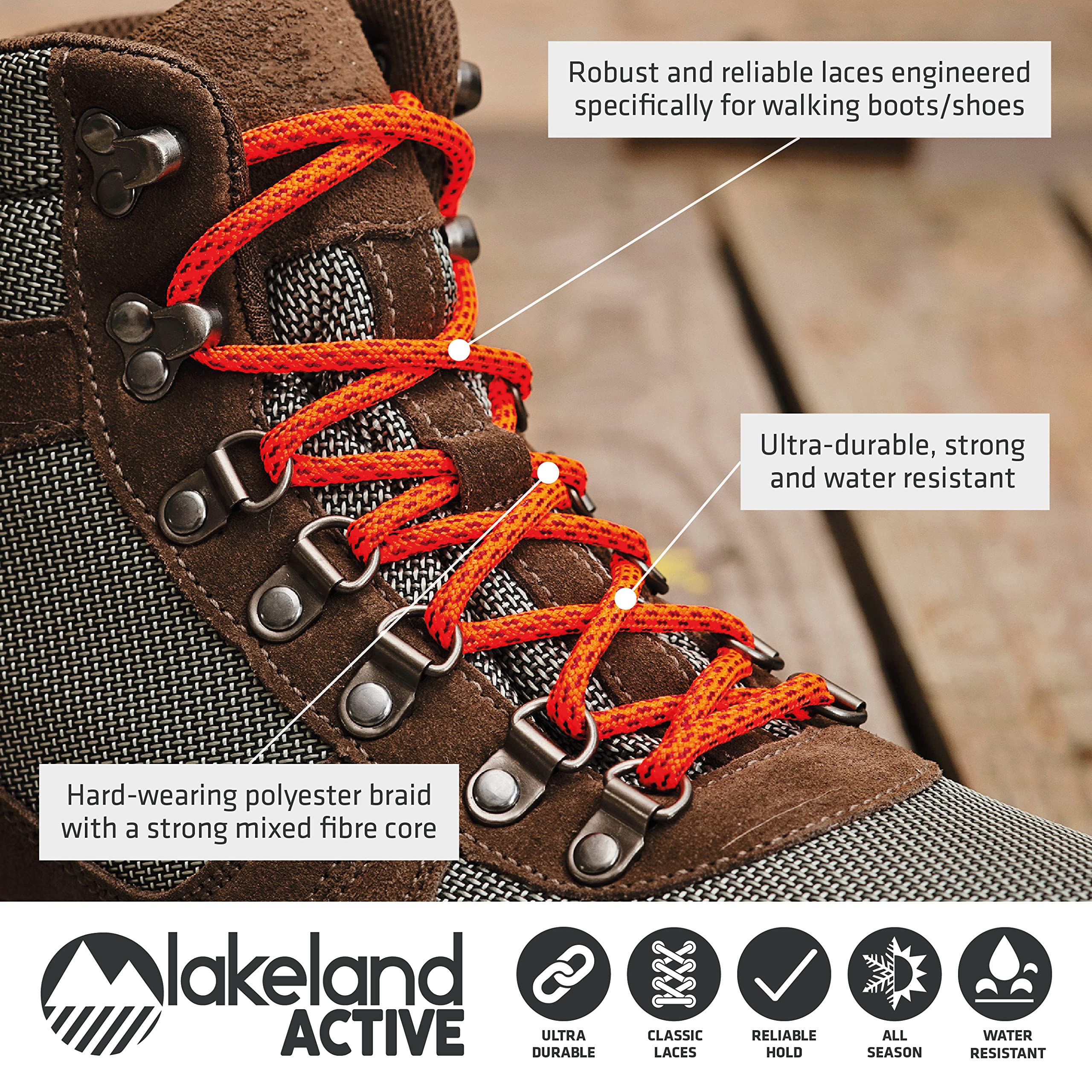 Lakeland Active Grasmoor Walking Boot Laces - Neon Orange - 120 cm - 47 inch (2 Pairs)