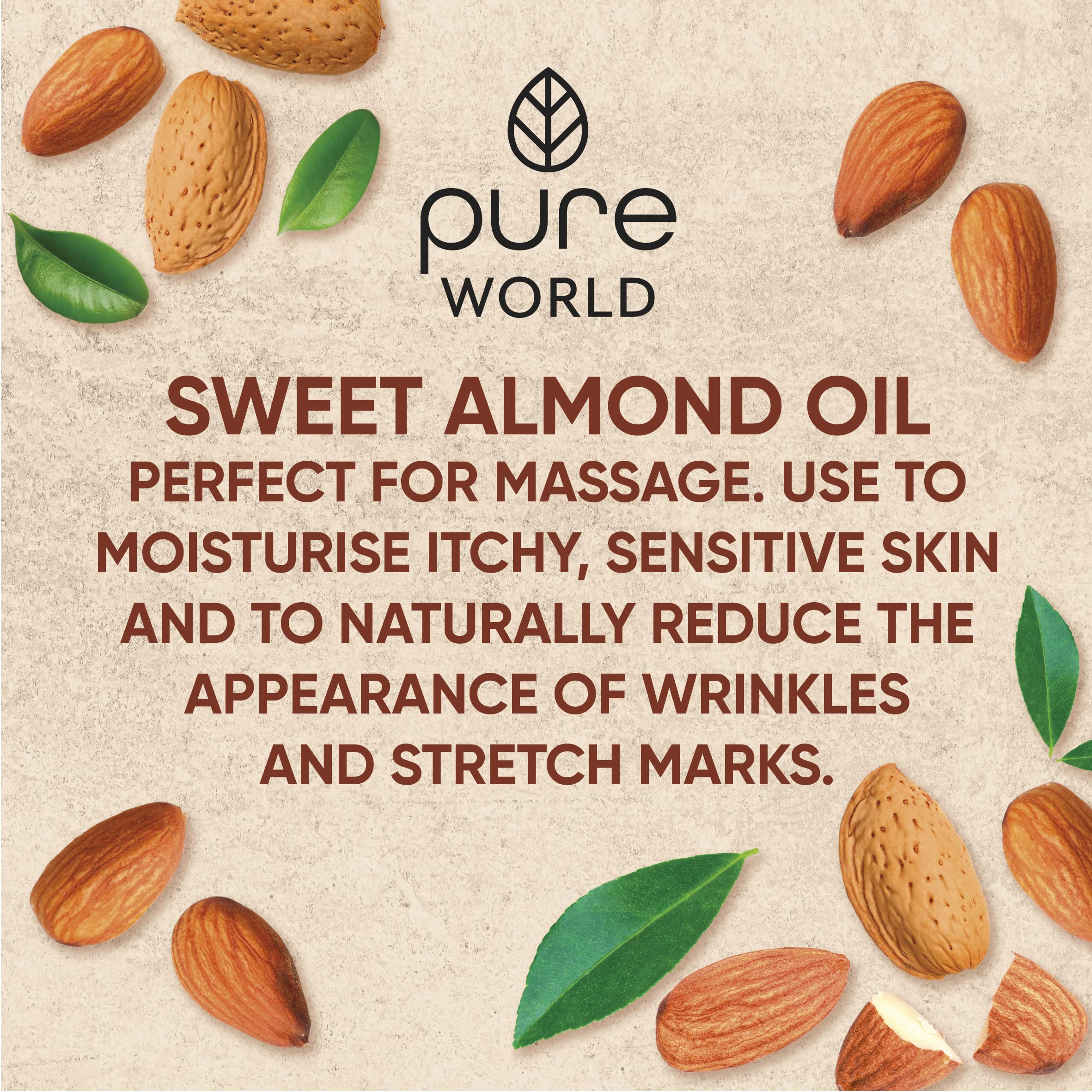 Pure World Natural Almond Oil 250ML REAL 100% Pure and Undiluted. Premium Quality Almond oil – Message, Skin, Nails, Body and Face, Vegan.