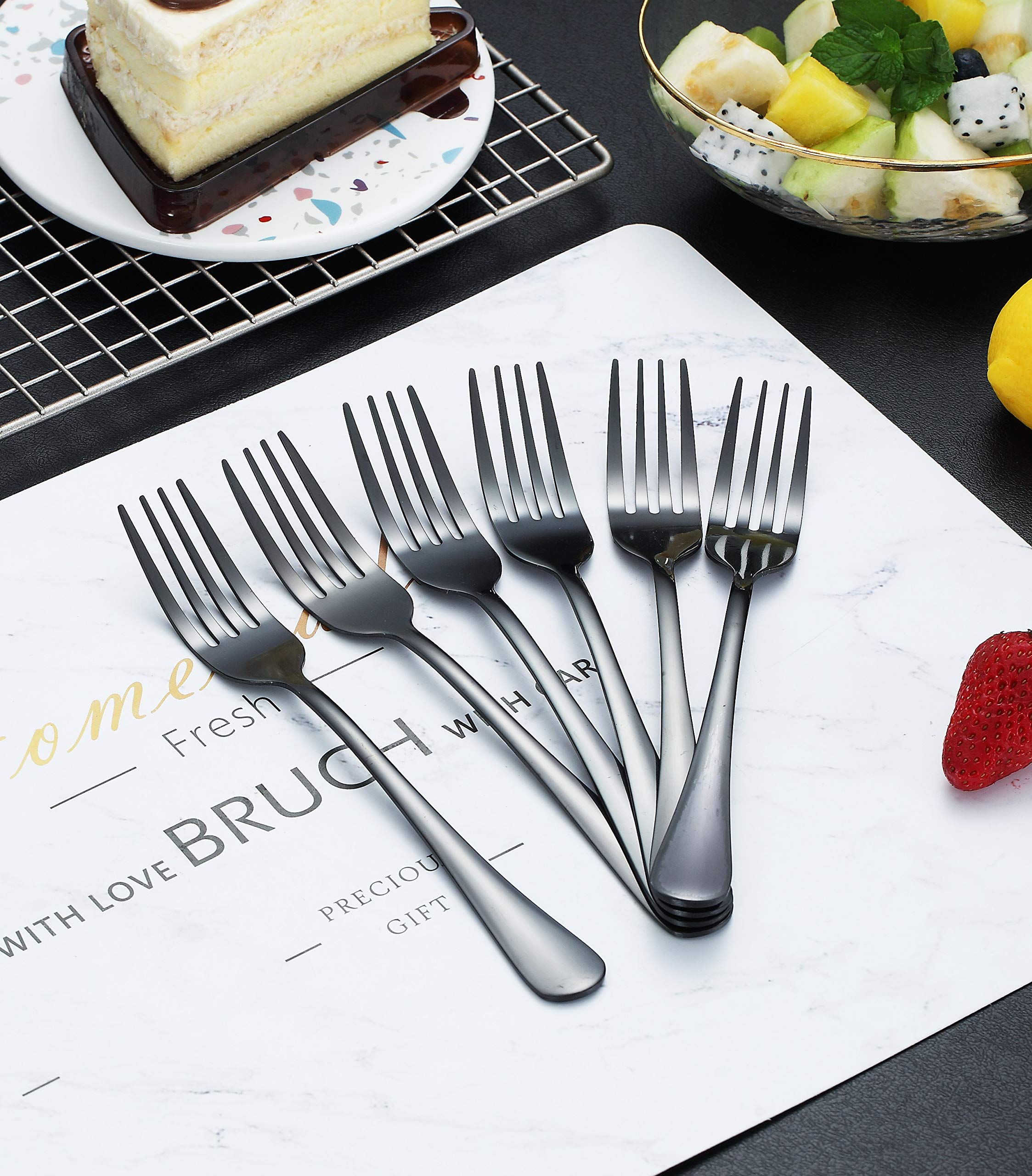 Kyraton Black Dinner Fork 6 Pieces, Stainless Steel 20.5cm Forks Black Titanium Plating Silverware, Black Forks Set of 6