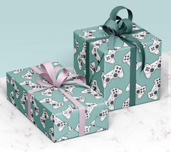 4 x Gaming Wrapping Paper Sheets - Premium Recyclable Green Computer Game Controller Gift Wrap for Birthday Boys and Girls   Made in the UK