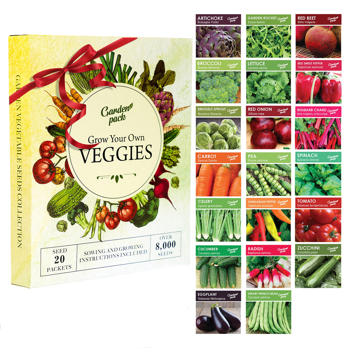 Grow Your Own Vegetable Seeds - 20 Packet Variety by Garden Pack – High Yield Seeds for Growing Veggies at Home – 8,000 Heirloom Seeds Gardner Set