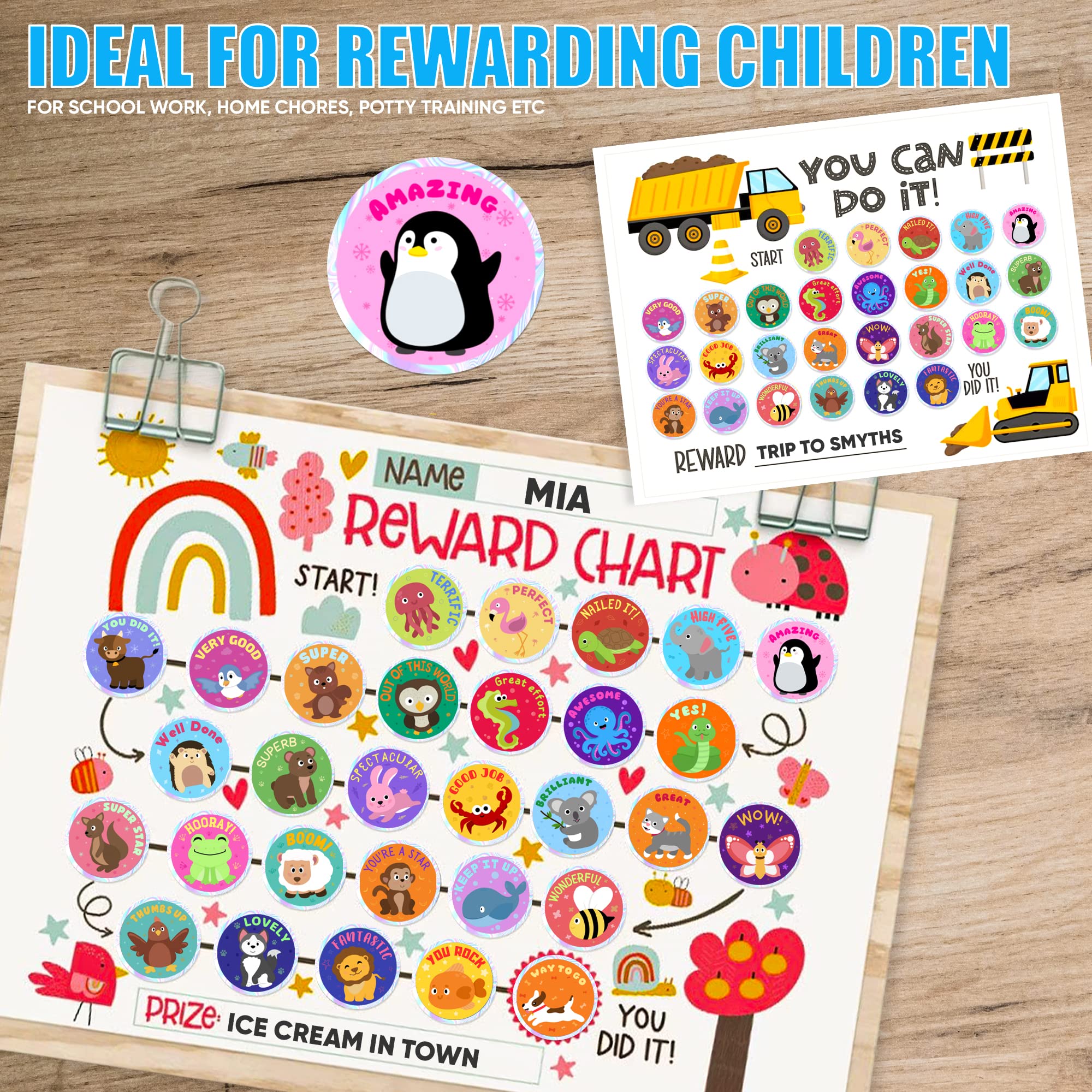 510 Reward Stickers For Children Well Done Teacher Stickers with Shiny Silver Sparkly Sparkling Holographic Edge Praise Good Work and Behaviour (Animal)