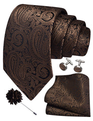 Gusleson Mens Brown Tie for Wedding Silk Paisley Necktie Pocket Square Cufflinks and Lapel Pin Brooch Set (UK6103-27)