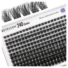 BEYELIAN Cluster Lashes, 240 Pcs 10-16mm D Curl Eyelashes Cluster Natural Look Soft DIY Lash Extensions Black Super Thin Band DIY Eyelash Extension