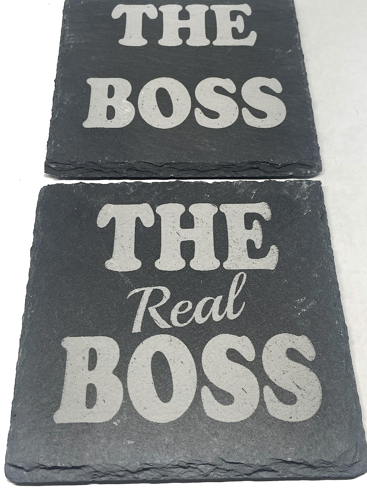 Laser Amore Funny Slate Coaster Set for Couples - 'The Boss' & 'The Real Boss', Ideal Christmas, Valentine's, Anniversary, Birthday Gifts for Him, Her, Boyfriend, Husband, Couples