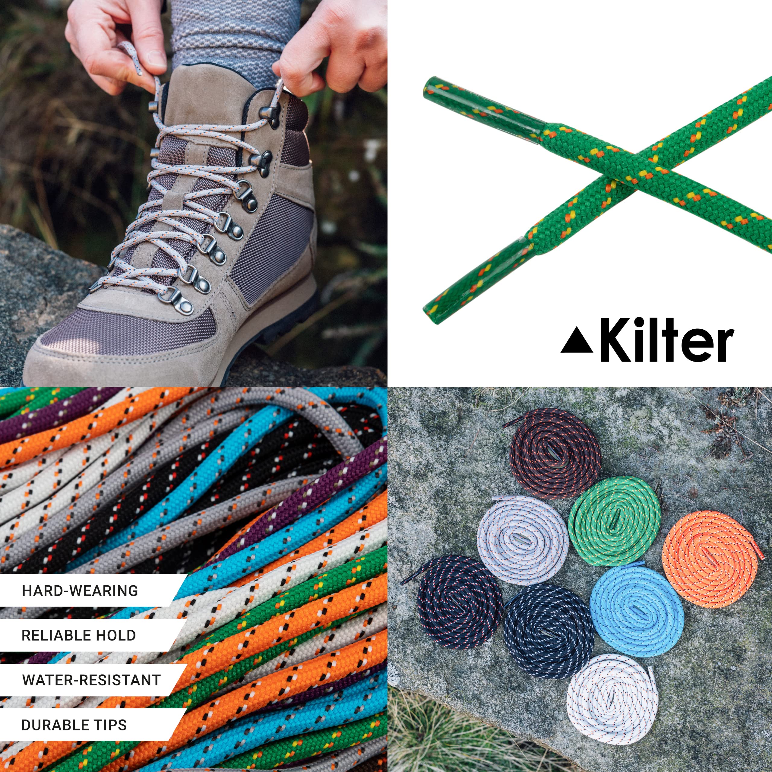 Kilter Strong Round Rope Style Shoelaces For Hiking Shoes and Boots - Green/Orange/Yellow - 100cm - 39 inch (2 Pairs)