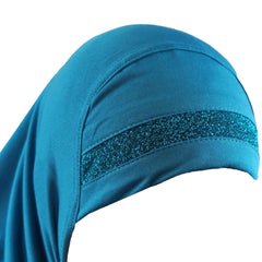 Yaqeen Girls instant headscarf hijab al Amira with glitter borde, readymade pull on scarf, ideal for any occassion school/nursery (Teal)