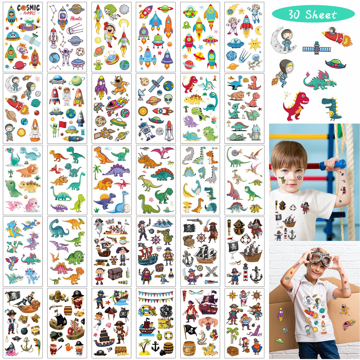 ACWOO Temporary Tattoo for Kids, 30 Sheets Animal Dinosaur & Pirate & Space Cartoon Tattoo, 390and Patterns Mixed Style Temporary Tattoo Stickers, Waterproof Fake Tattoo for Birthday Party Bag Filler