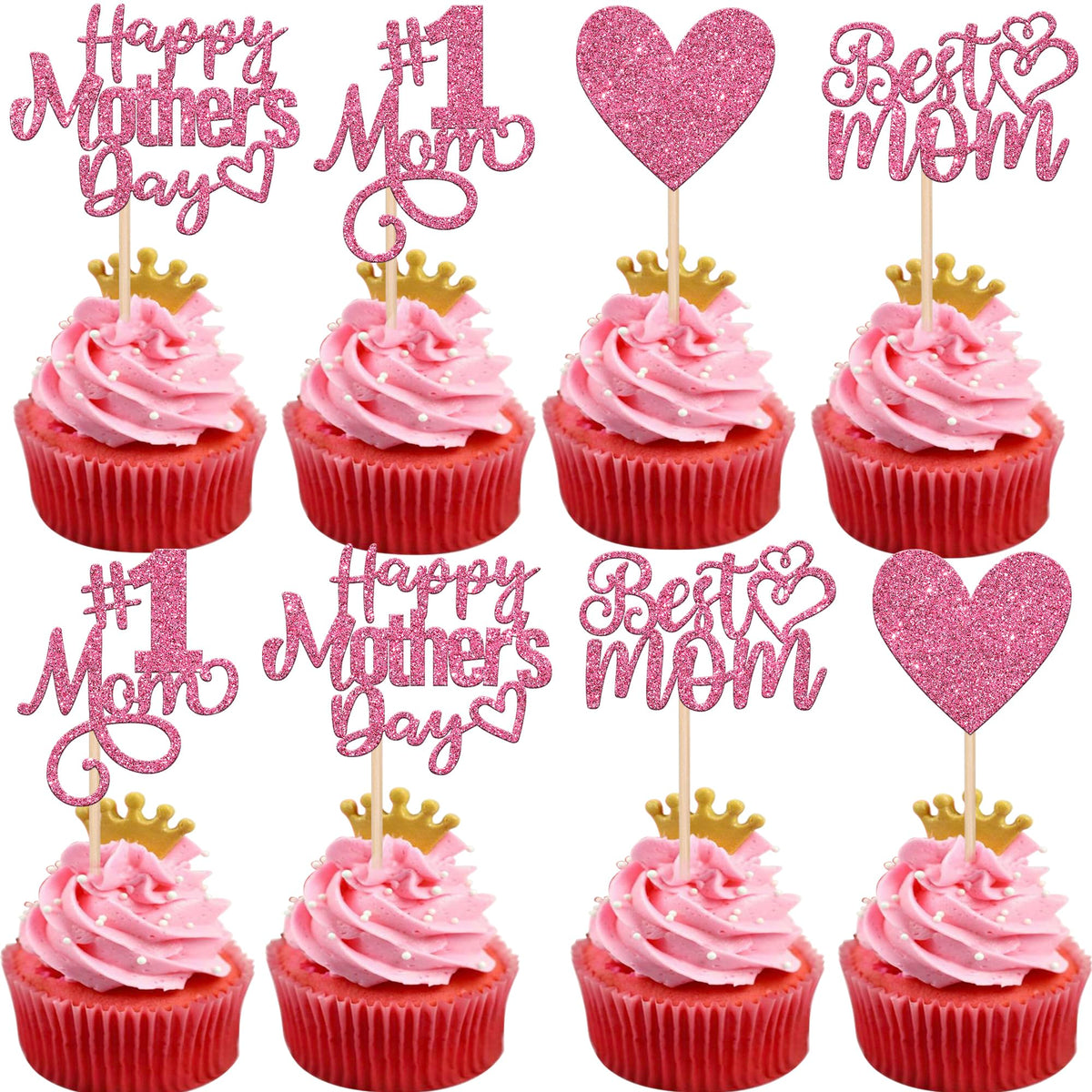 SYKYCTCY 24 Pack Happy Mother's Day Cupcake Toppers Glitter Number 1 Mom Love Heart Cupcake Picks Best Mom Cake Decorations for Women Birthday Happy Mother's Day Theme Party Supplies Pink