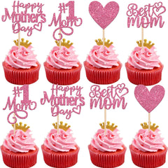 SYKYCTCY 24 Pack Happy Mother's Day Cupcake Toppers Glitter Number 1 Mom Love Heart Cupcake Picks Best Mom Cake Decorations for Women Birthday Happy Mother's Day Theme Party Supplies Pink