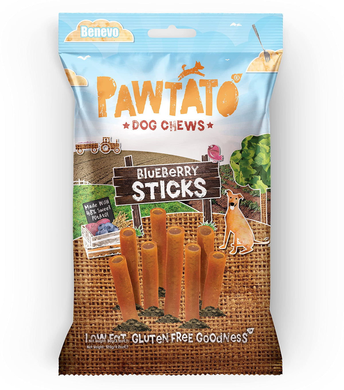 Pawtato Vegan Dog Chews Blueberry Sticks. Natural rawhide alternative dog treat. Low fat, plant based, hypoallergenic, sweet potato and rice chews, 120g