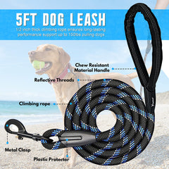 Candure Dog Lead with Soft Padded and Anti Slip Comfortable Rope Handle, 5 FT Strong Dog Leads, Highly Reflective Dog Leash for Puppy, Medium and Large Dogs