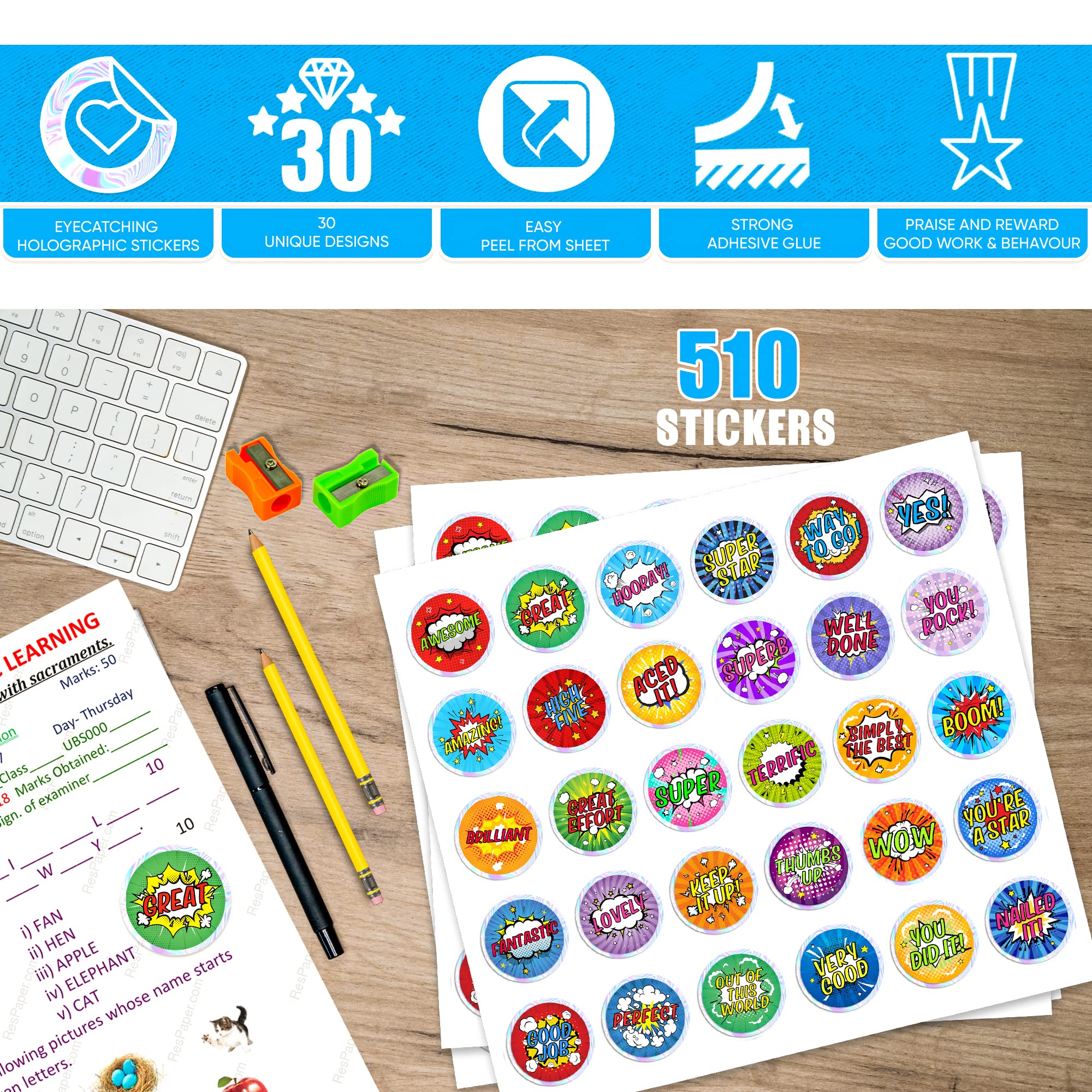 510 Reward Stickers For Children Well Done Teacher Stickers with Shiny Silver Sparkly Sparkling Holographic Edge Praise Good Work and Behaviour (Comic)