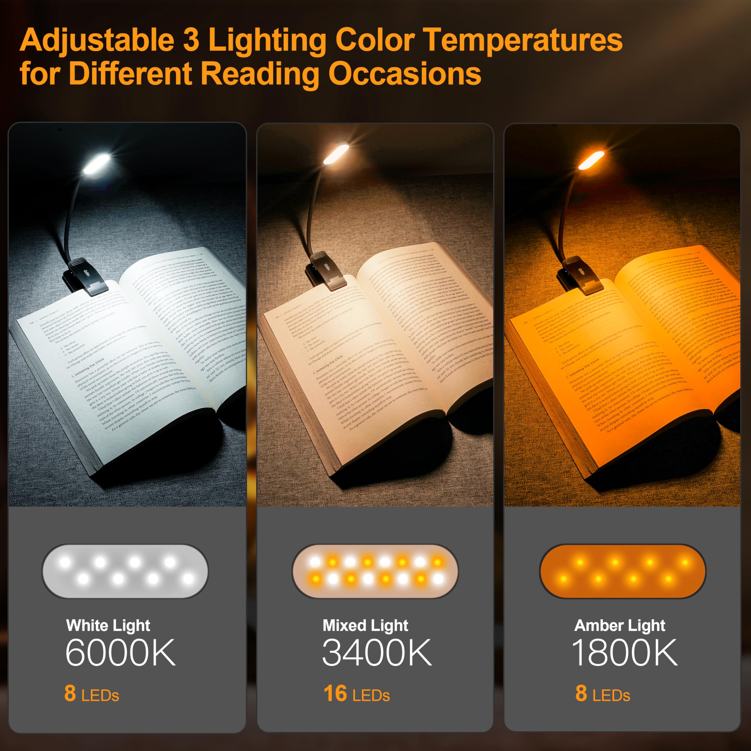 Gritin 16 LED Reading Light, Book Light 3 Eye-Protecting Modes Book Lamp (White/Amber/Mixed) - Stepless Dimming, Rechargeable, Long Battery Life, 4-Level Power Indicator, Flexible Clip on Book Light