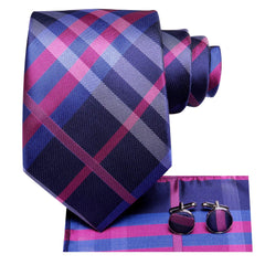 Dubulle Mens Checks Tie Set Pink and Blue Plaids Checks Necktie Handkerchief Cufflinks Business Formal