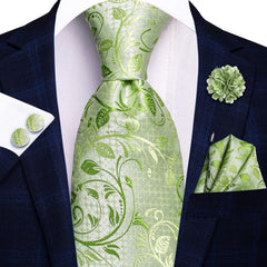 Hi-Tie Light Green Paisley Flower Ties for Men Silk 4 PCS Woven Necktie Lapel Pin Pocket Square Link Cuffs Set Wedding