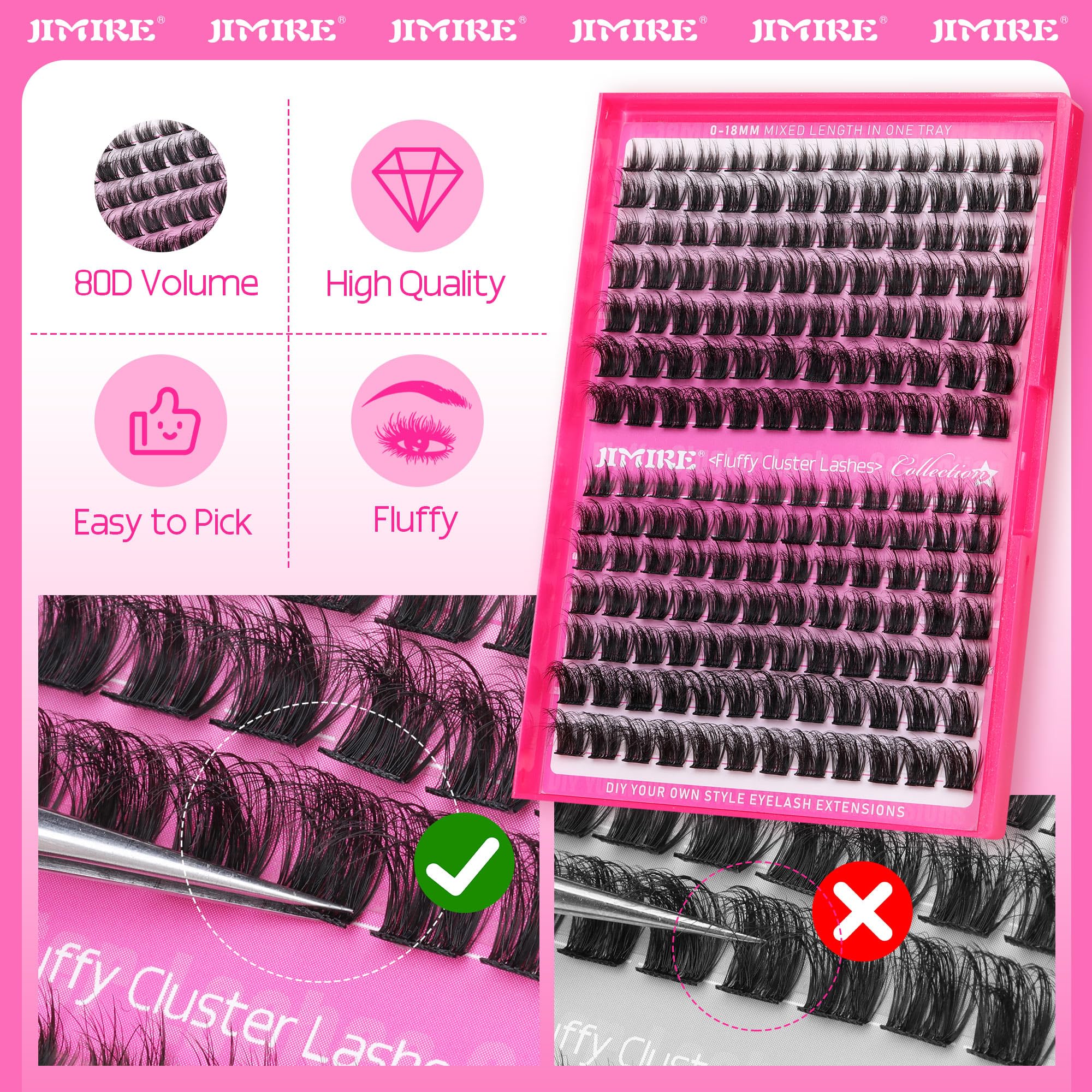 JIMIRE Eyelash Extension Kit Fluffy Cluster Lashes Kit with Glue Bond and Seal Volume Lashes Individual Cluster Kit 10-18MM Wispy DIY Lash Extensions Kit at Home Faux Mink Individual Eyelashes Kit