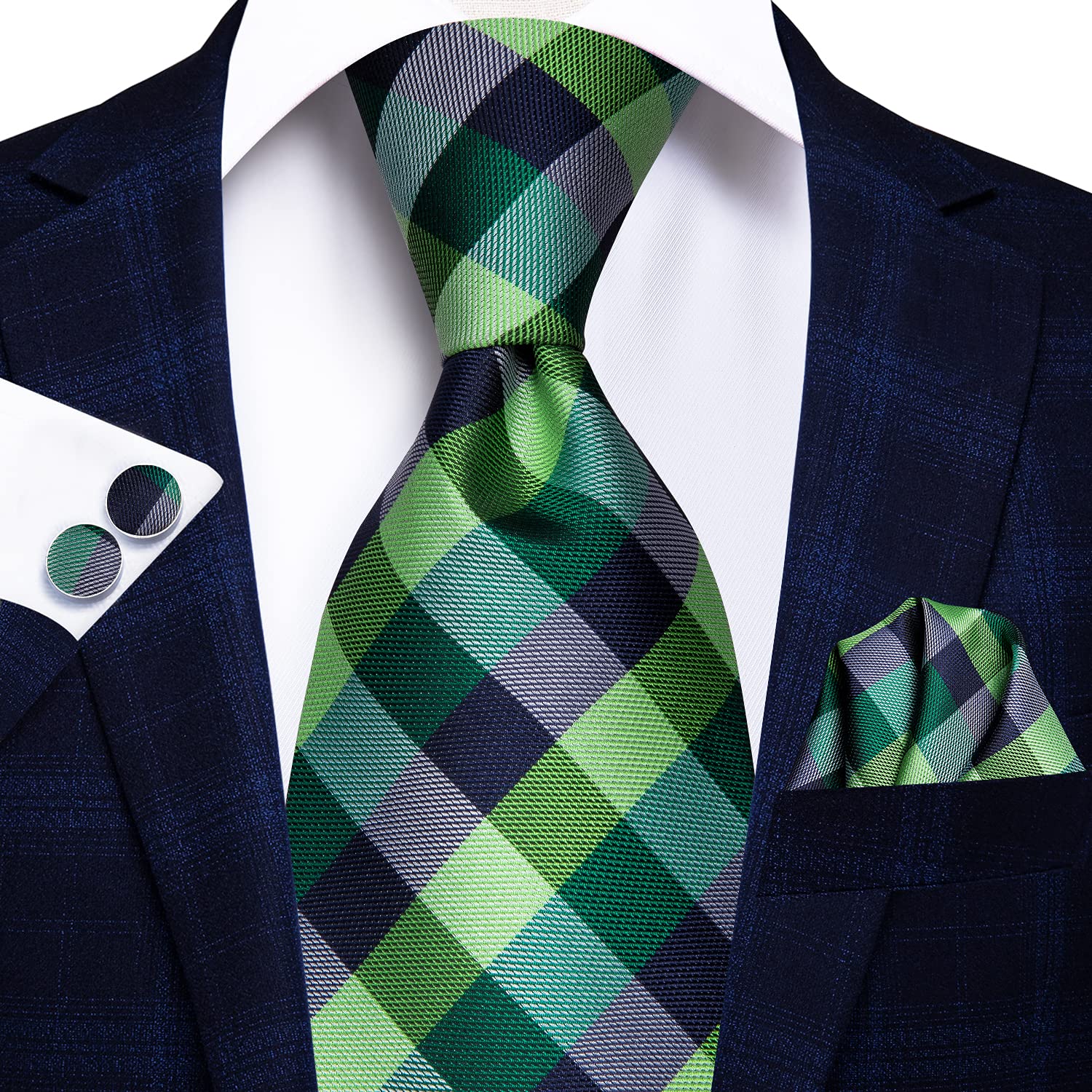 Hi-Tie Black Green Silk Plaid Necktie for Men with Pocket Square & Cufflinks Tie Set for Weddings Business