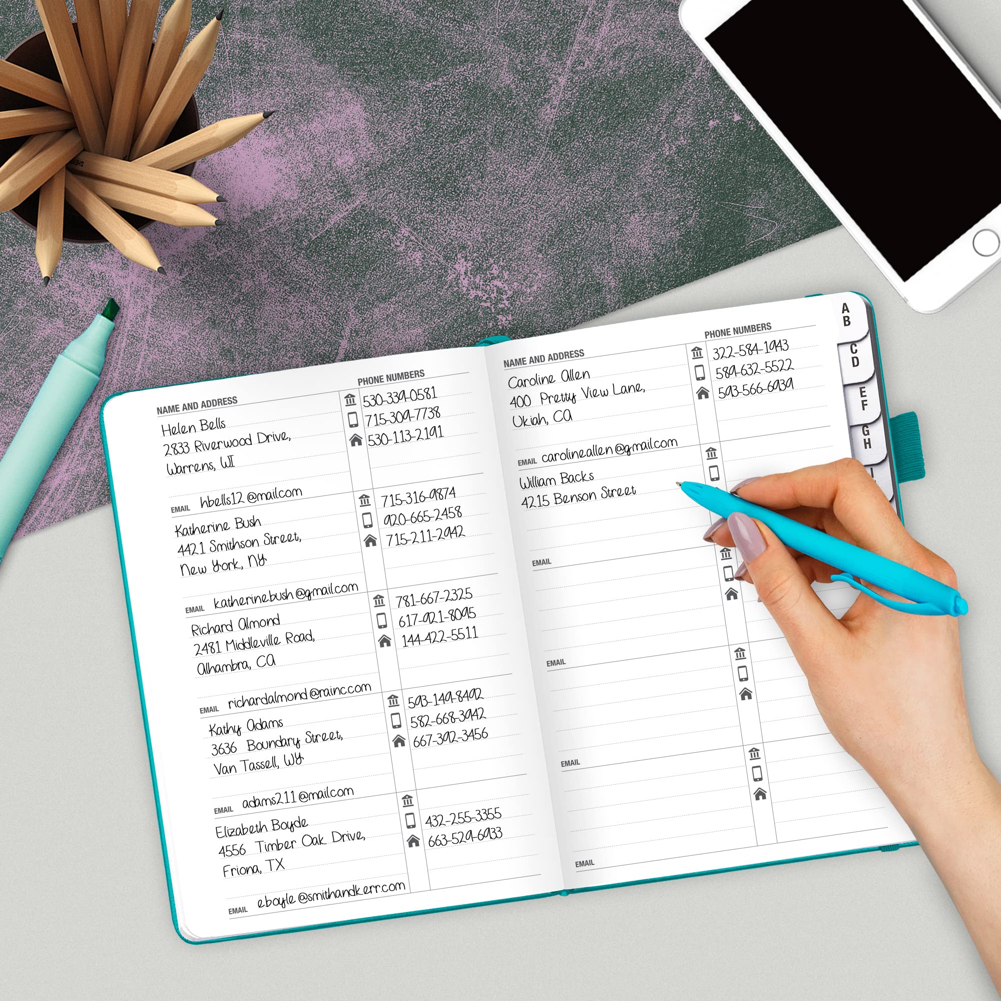 Legend Planner Address Book with Alphabetical Tabs –Telephone Contacts Book for Phone Numbers, Addresses, Passwords, Medium (Turquoise)
