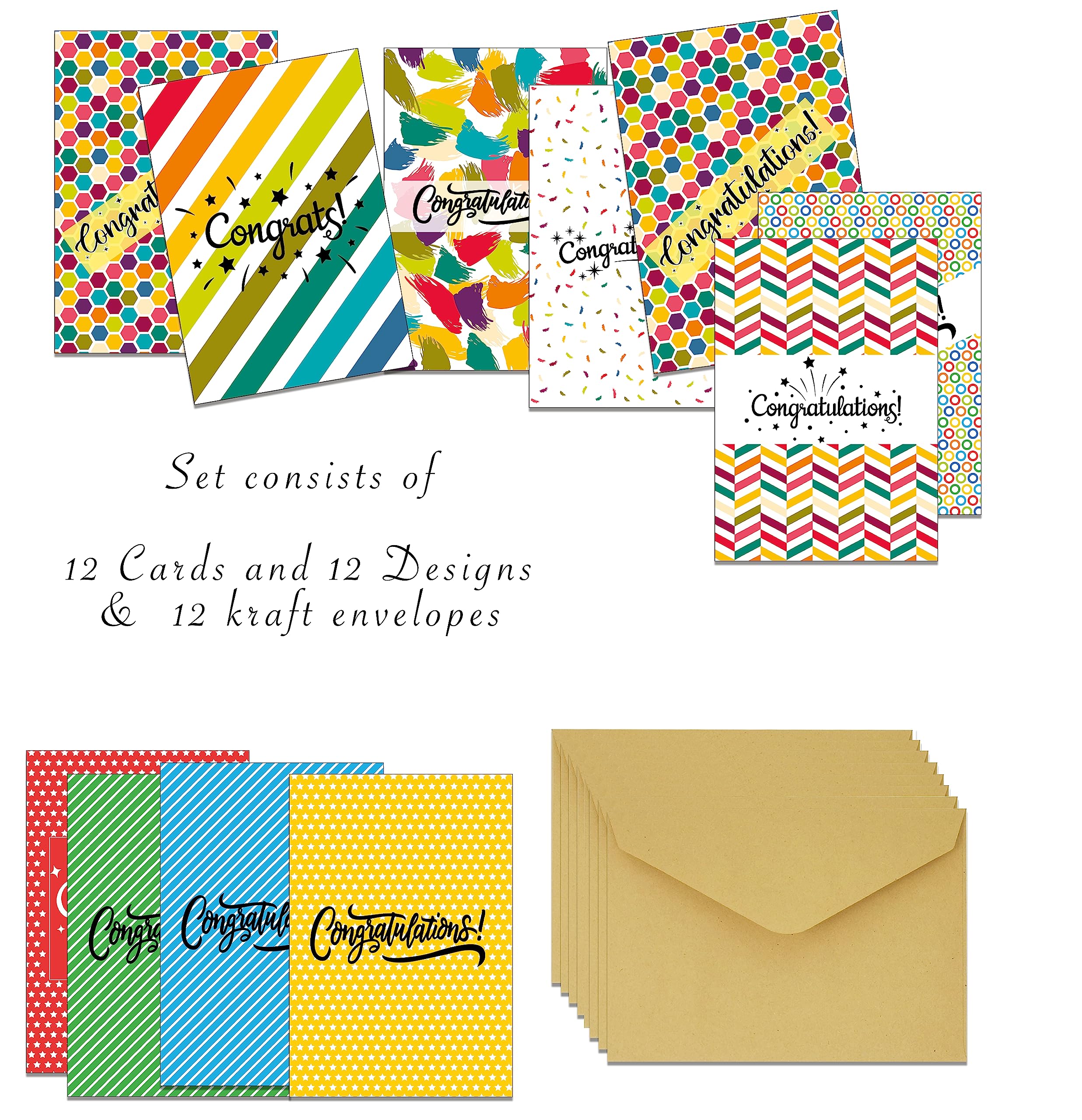 Set of 12 Congratulations Well Done Cards with 12 Different Designs (12 Set)