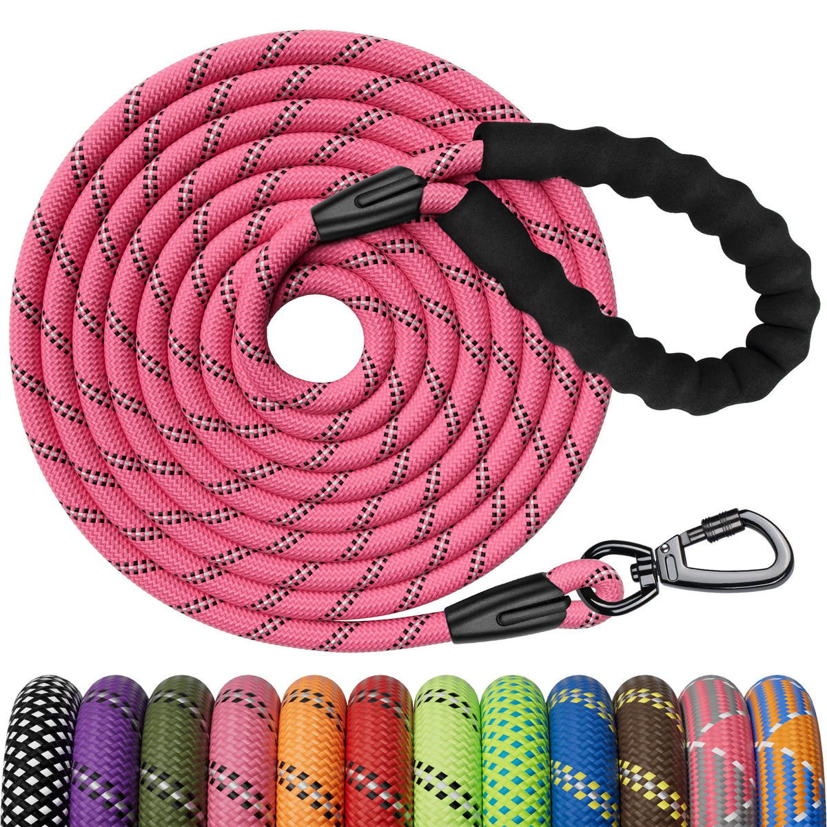 Kdsvakd Training Lead for Dogs, 1.5m / 5ft Dog Rope Lead with Carabiner Clip and Padded Handle, Reflective Recall Puppy Leash for Puppy, Small, Medium, Large Dog, Pink