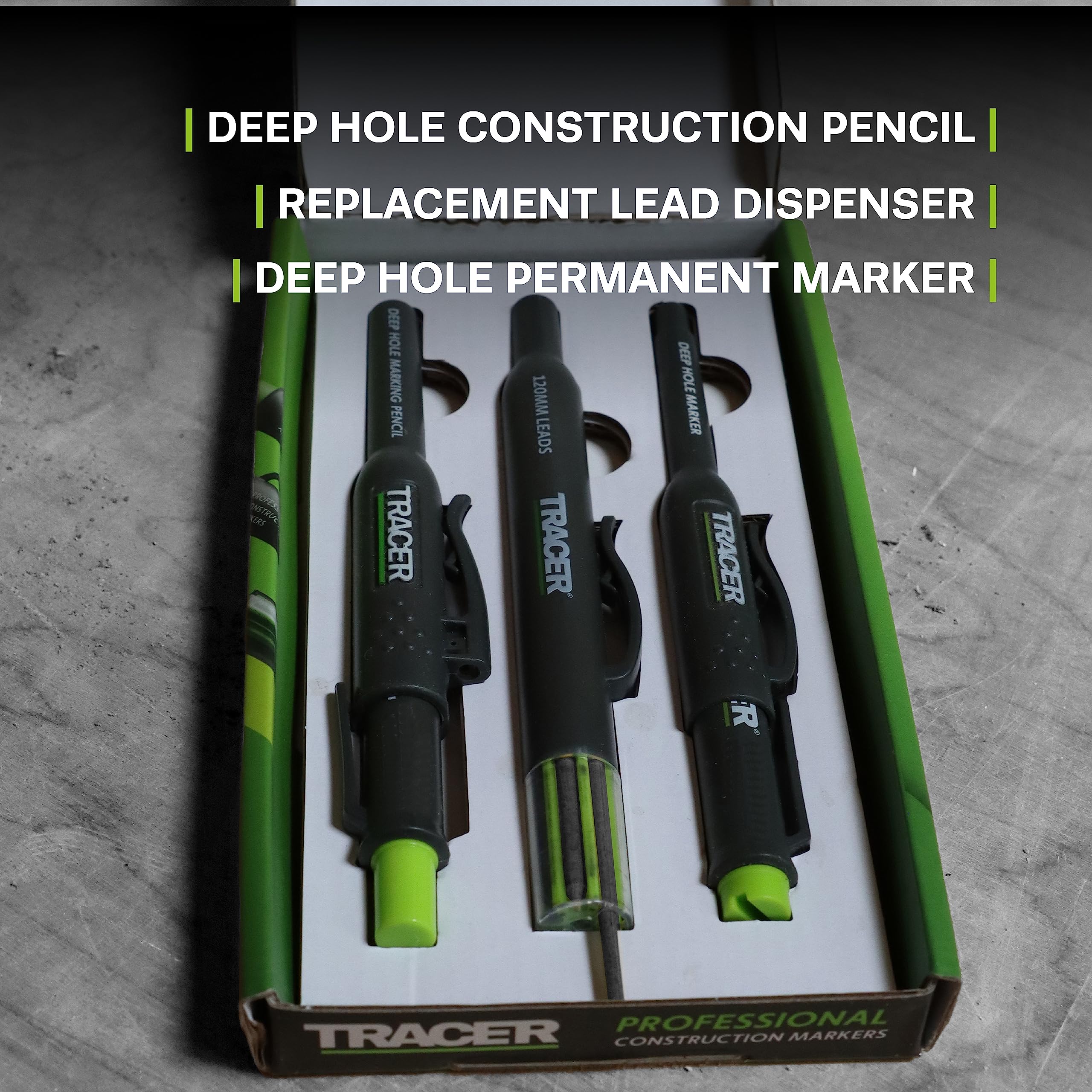 Tracer Complete Deep Hole Marking Kit - (including Double-Tipped Deep Hole Permanent Marker, Deep Hole Construction Pencil, 6x Replacement Lead Dispenser Site Holster)