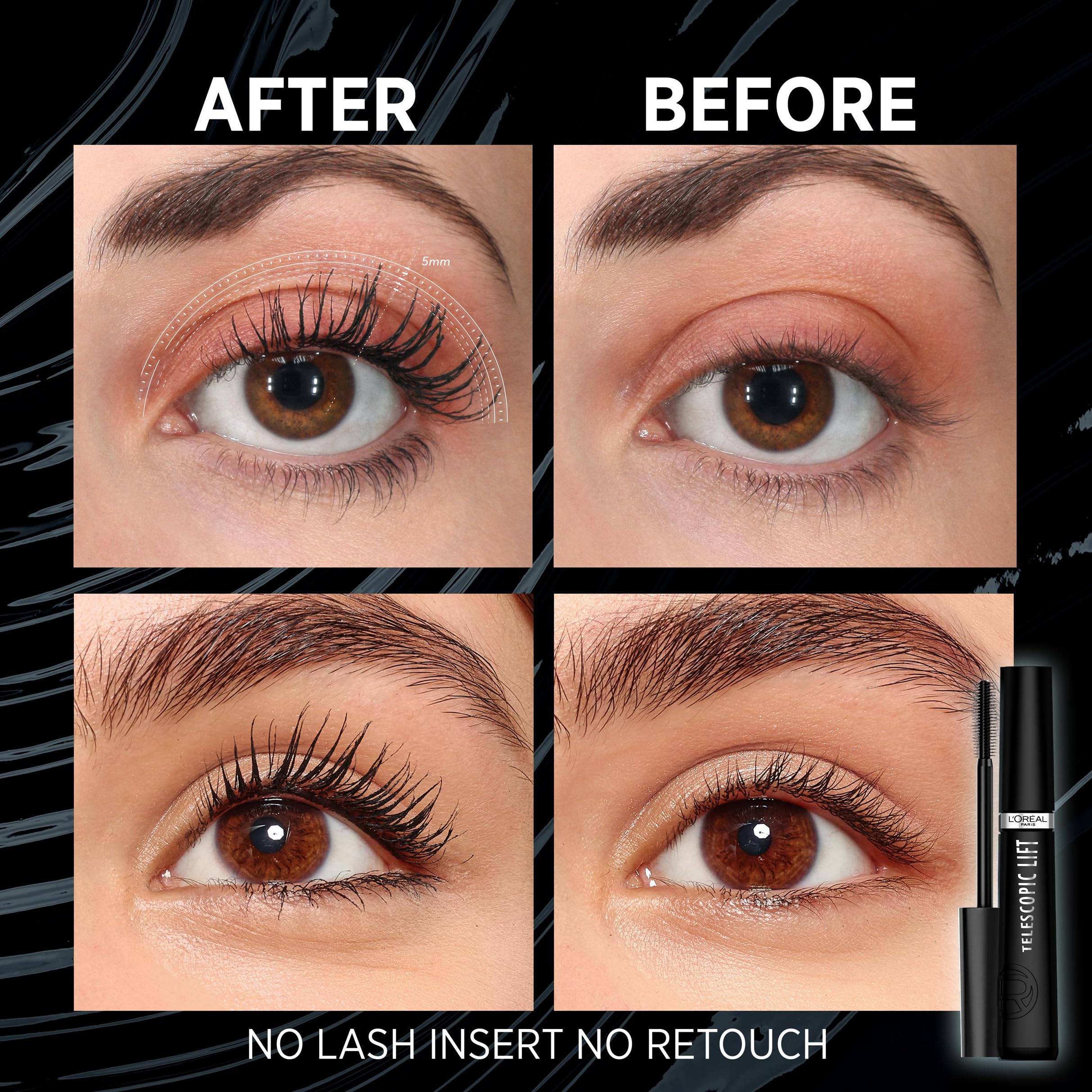 L'Oréal Paris Telescopic Mascara, Long-Lasting 36H Lift, Visible Lash Length Up to and5mm*, No Clumping & No Smudging & No Flaking, Telescopic Lift, Black