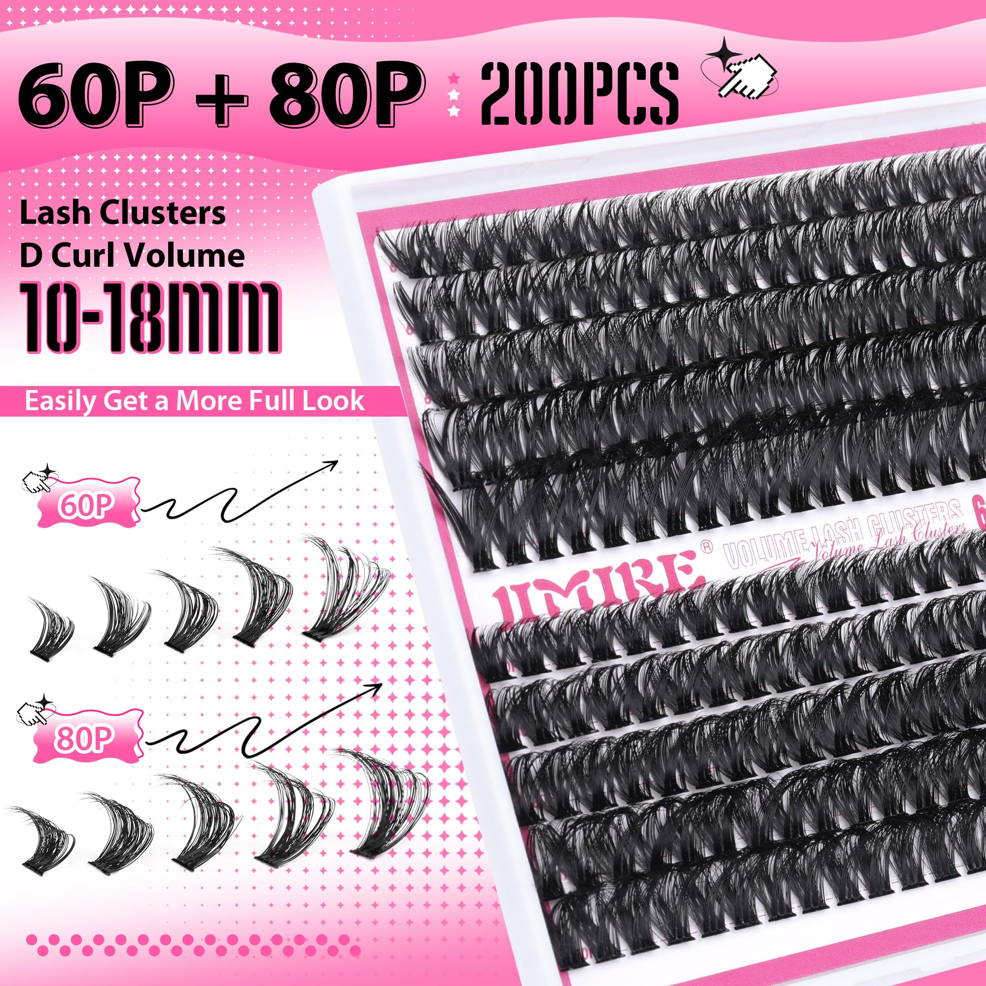 Fluffy Cluster Lashes D Curl 200D Volume Individual Eyelashes Natural Mink Individual Lashes Russian Eyelashes Individual Cluster 10-12-14-16-18MM 180Pcs Lash Clusters by JIMIRE