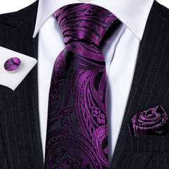 Barry.Wang Tie Pocket Square Cufflinks for Men Set Designer Ties Paisley (Royal Purple Pailsey)