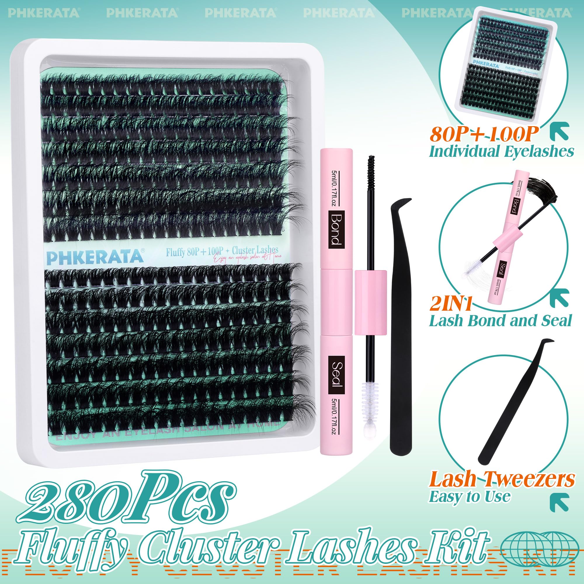 PHKERATA Cluster Lashes Kit Fluffy Individual Eyelashes Kit 280Pcs D Curl Eyelash Extension Kit Russian Lashes Individual Cluster with Lash Bond and Seal Lash Glue,Tweezers(80and100P, 10-18mm Mix)