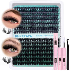 PHKERATA Cluster Lashes Kit Fluffy Individual Eyelashes Kit 280Pcs D Curl Eyelash Extension Kit Russian Lashes Individual Cluster with Lash Bond and Seal Lash Glue,Tweezers(80and100P, 10-18mm Mix)