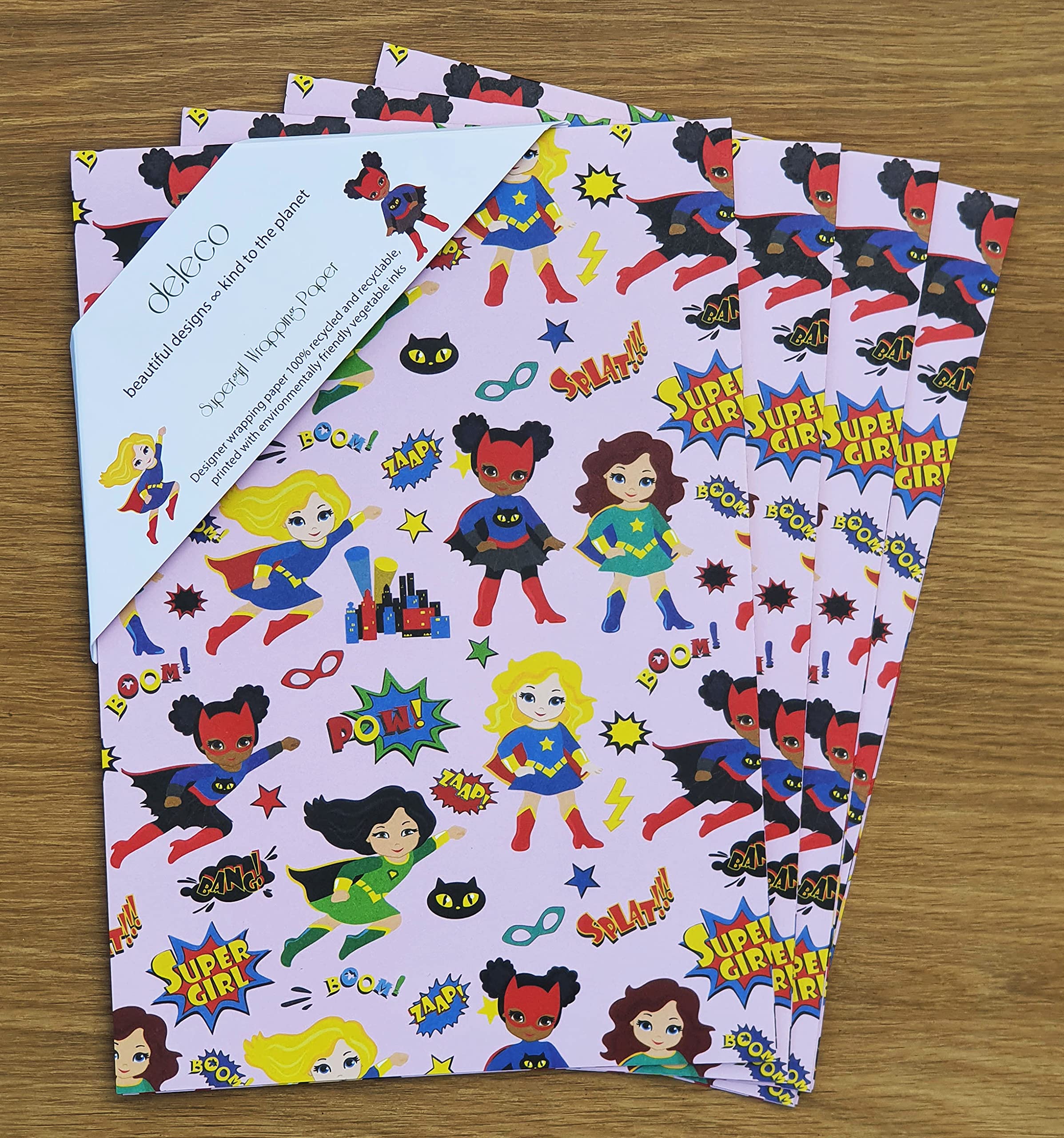 4 x Superhero Multicultural Wrapping Paper for Kids, Girls & Women- Premium 100% Recycled and Recyclable Gift Wrap Sheets 70x50cm for Christmas, Birthday, Anniversary, Thank You & More