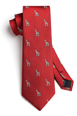 HISDERN Red Tie for Men Giraffe Pattern Ties Handkerchief Novelty Animal Print Wedding Necktie & Pocket Square Set