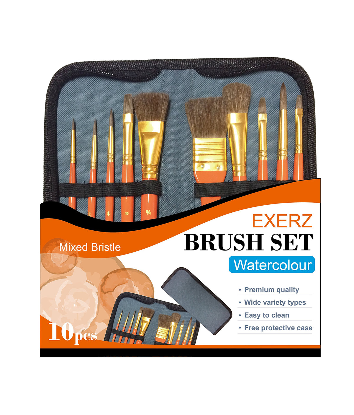 Exerz Artist Paint Brush Set – 10 pcs Professional Mixed Bristle Brushes in a Travel Case/Perfect for WaterColour Acrylic Gouache - Watercolour