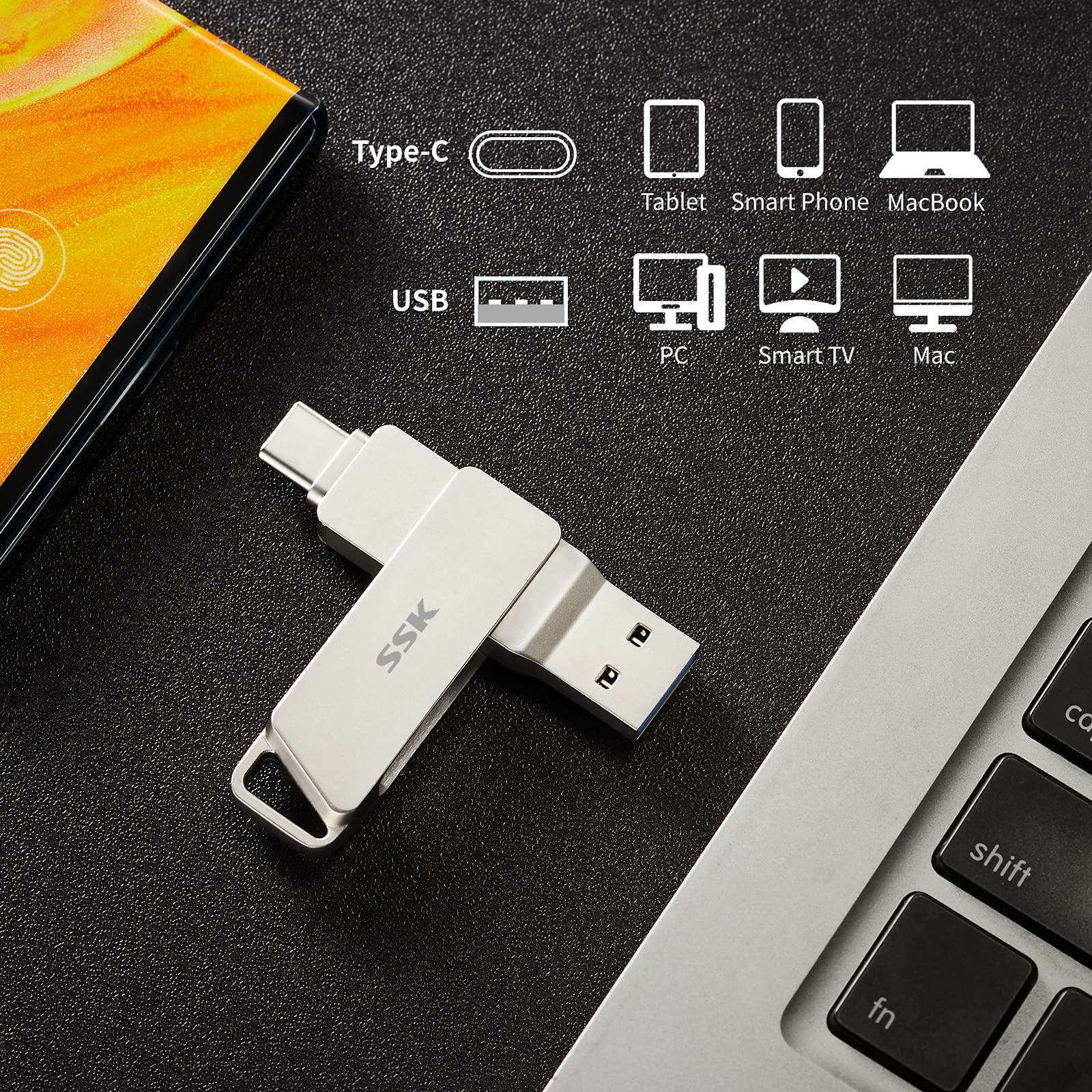 SSK 64GB USB C Flash Drive up to 200MB/s Transfer Speed Dual Connectors 2 in 1 Type CandUSB 3.2 Thumb(Jump) Drive Memory Stick Thunderbolt 3 Compatible for Android Phone,Macbook/Pro/Air,and more