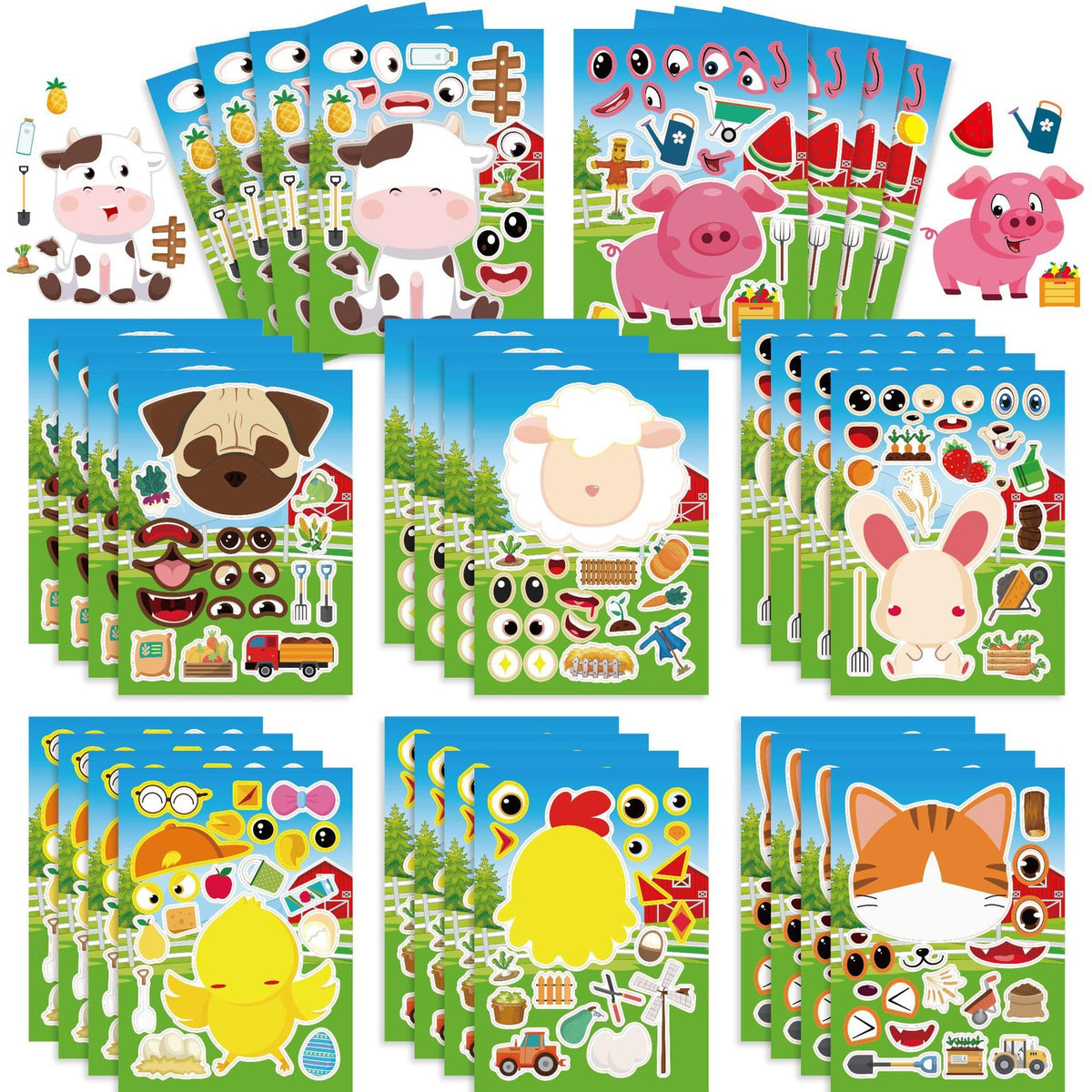 24 PCS Farm Animal Make a Face DIY Stickers for Kids, Farm Animal Party Bag Fillers Gift Set for Girls Boys, Animal Sticker Sheets Birthday Party Decorations Party Supplies, Party Favours Kit