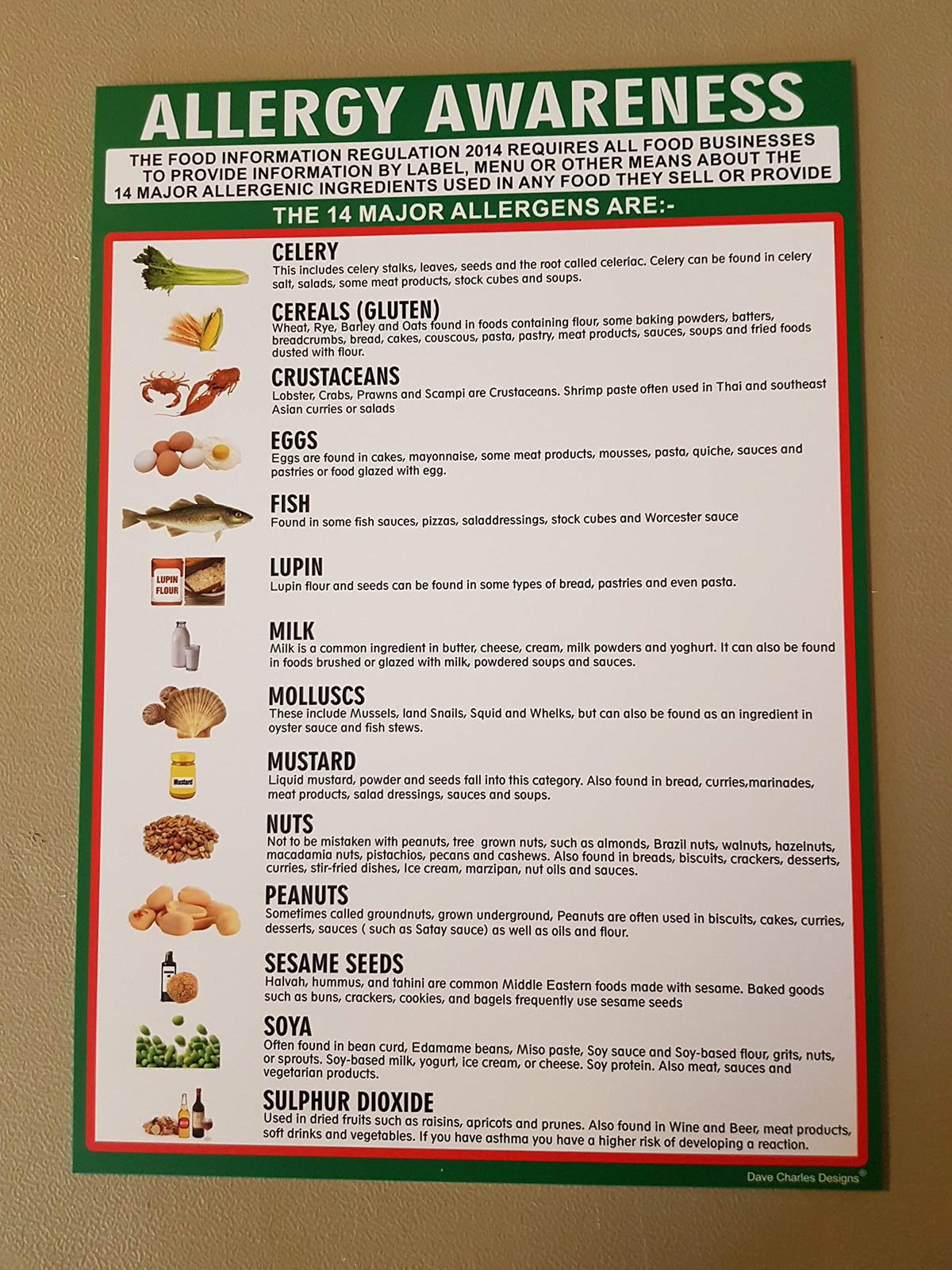 FOOD ALLERGY AWARENESS SIGN A4 LIST (297mm x 210mm) LAMINATED 400g 14 allergens POSTER The clearest food allergy notice in the food and hygiene posters range. Allergy warning sign